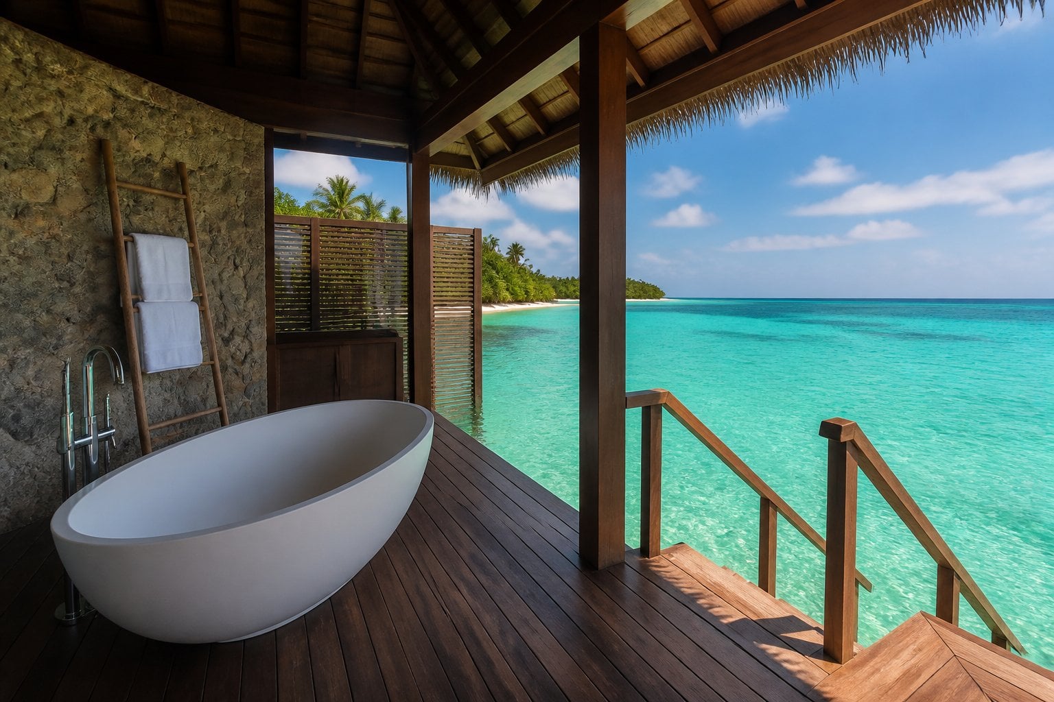 An overwater bathroom with a freestanding bathtub and wooden steps leading directly into clear ocean water.