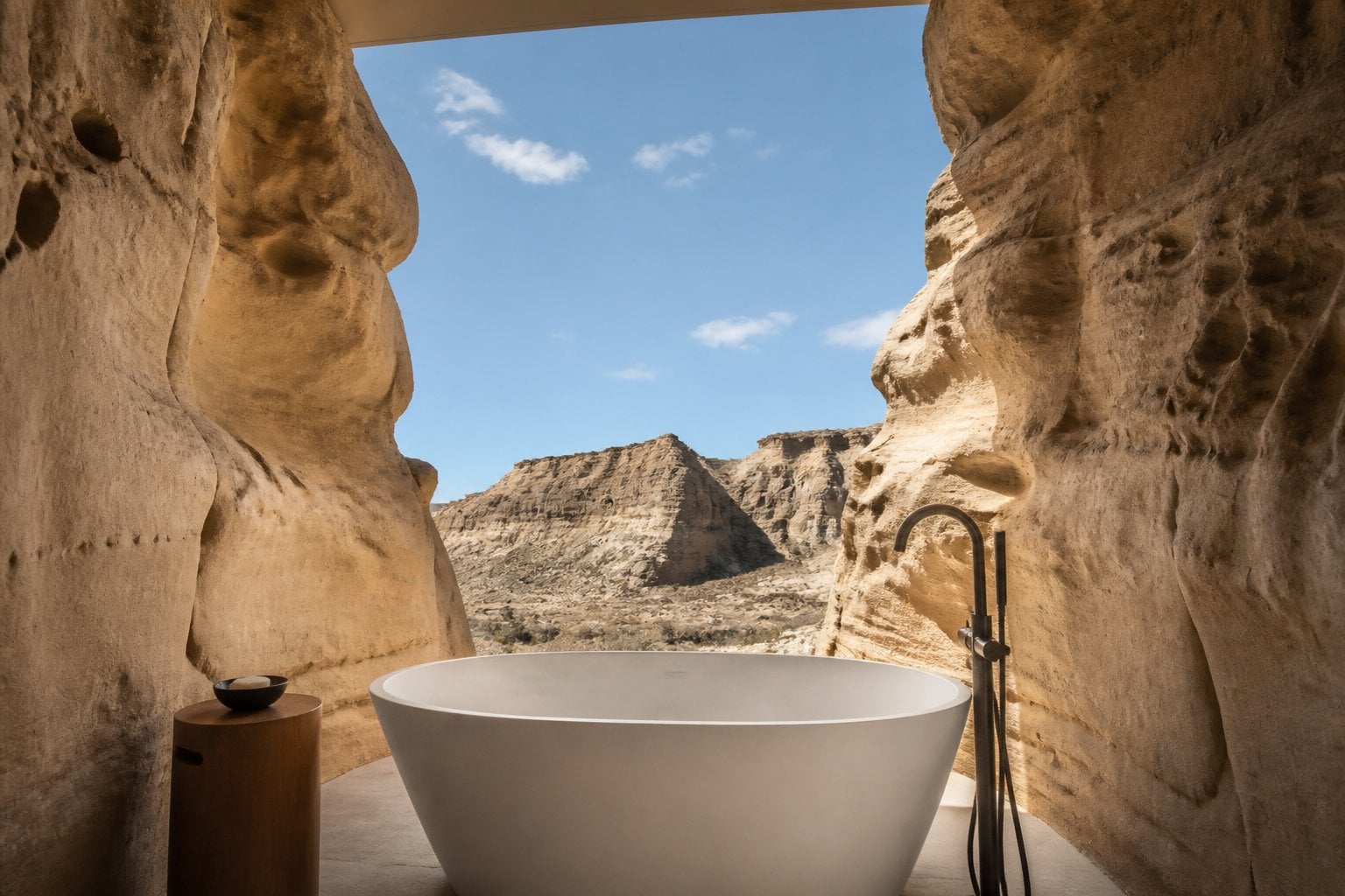 A freestanding bathtub outdoors framed by sandstone rock formations with a clear blue sky overhead.