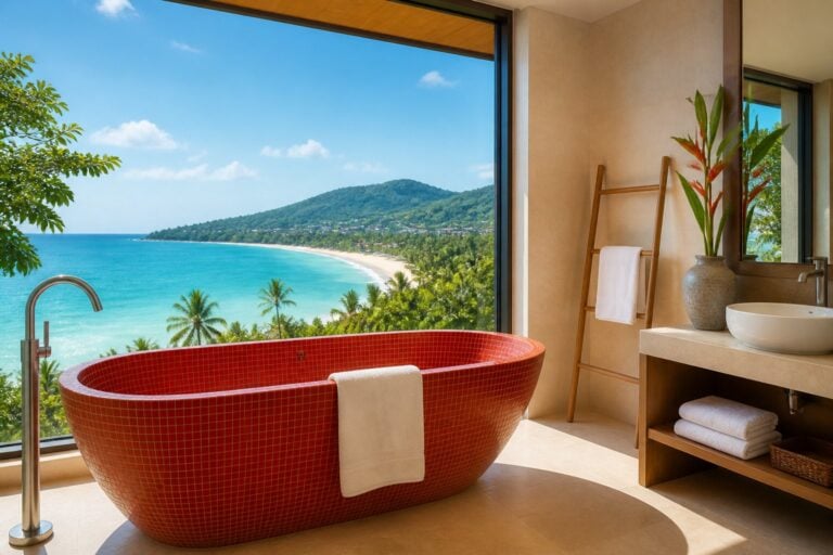 A red-tiled bathtub by a large window overlooking a tropical beach and ocean.