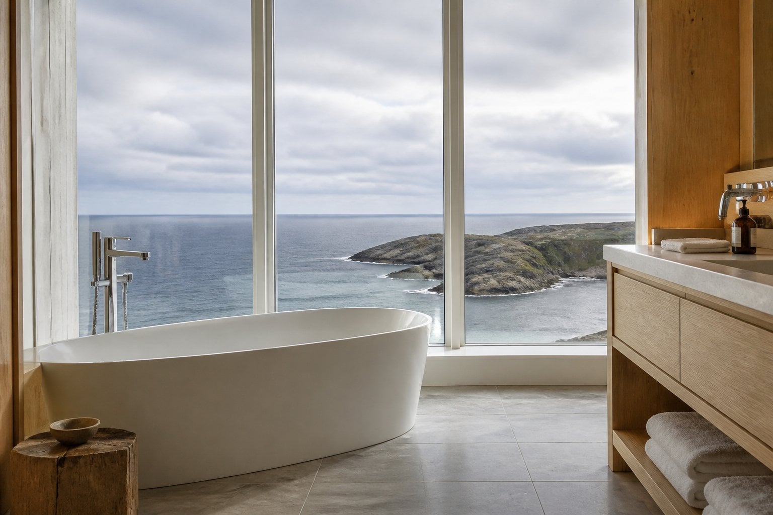 A freestanding bathtub by a large window overlooking the North Atlantic Ocean and rocky coastline.