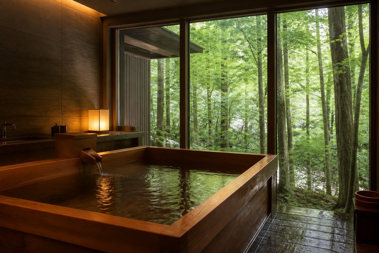 A wooden soaking tub filled with water inside a bathroom overlooking a green forest through large windows.