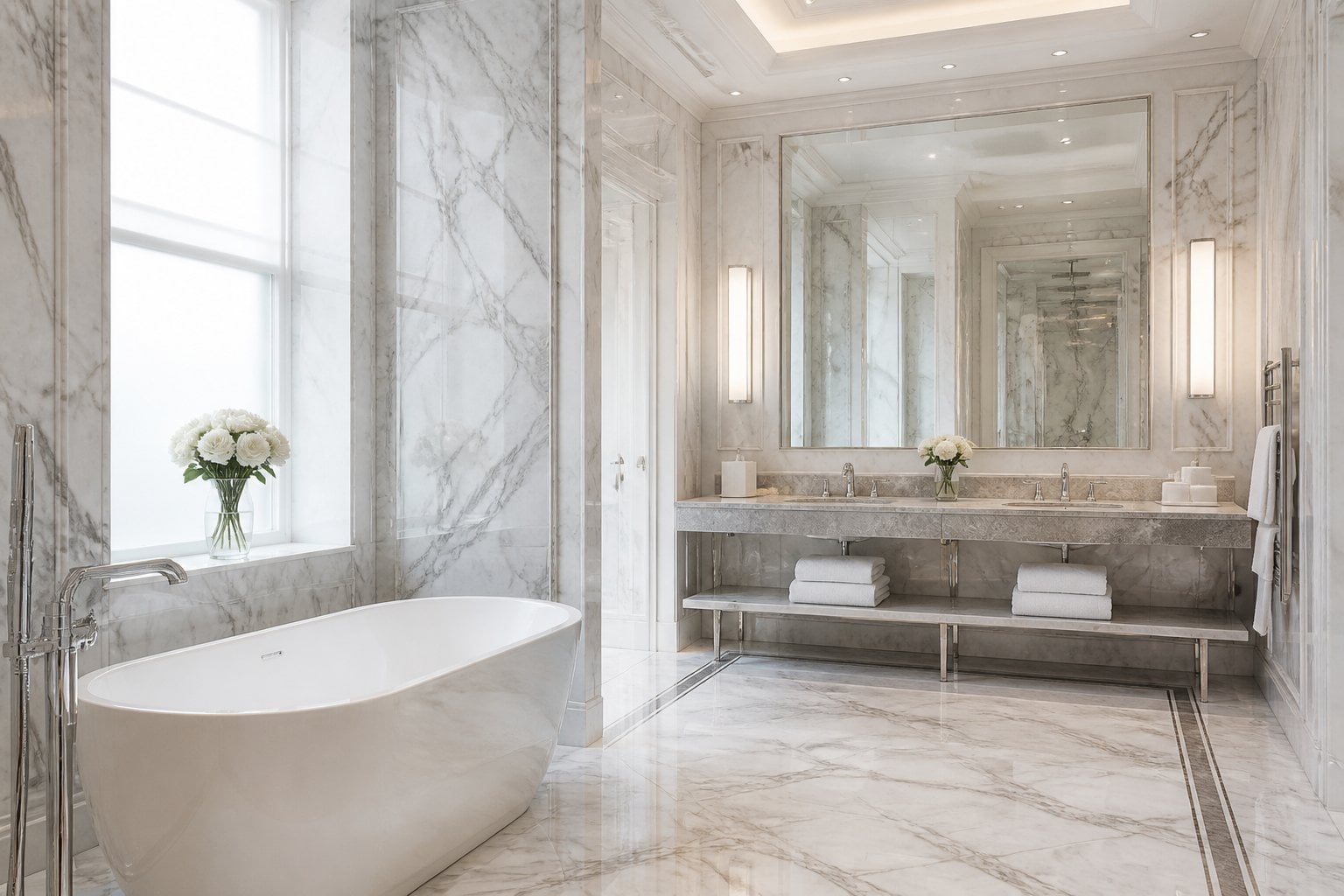 A spacious marble bathroom with a freestanding bathtub, double vanity, large mirror, and soft natural light.