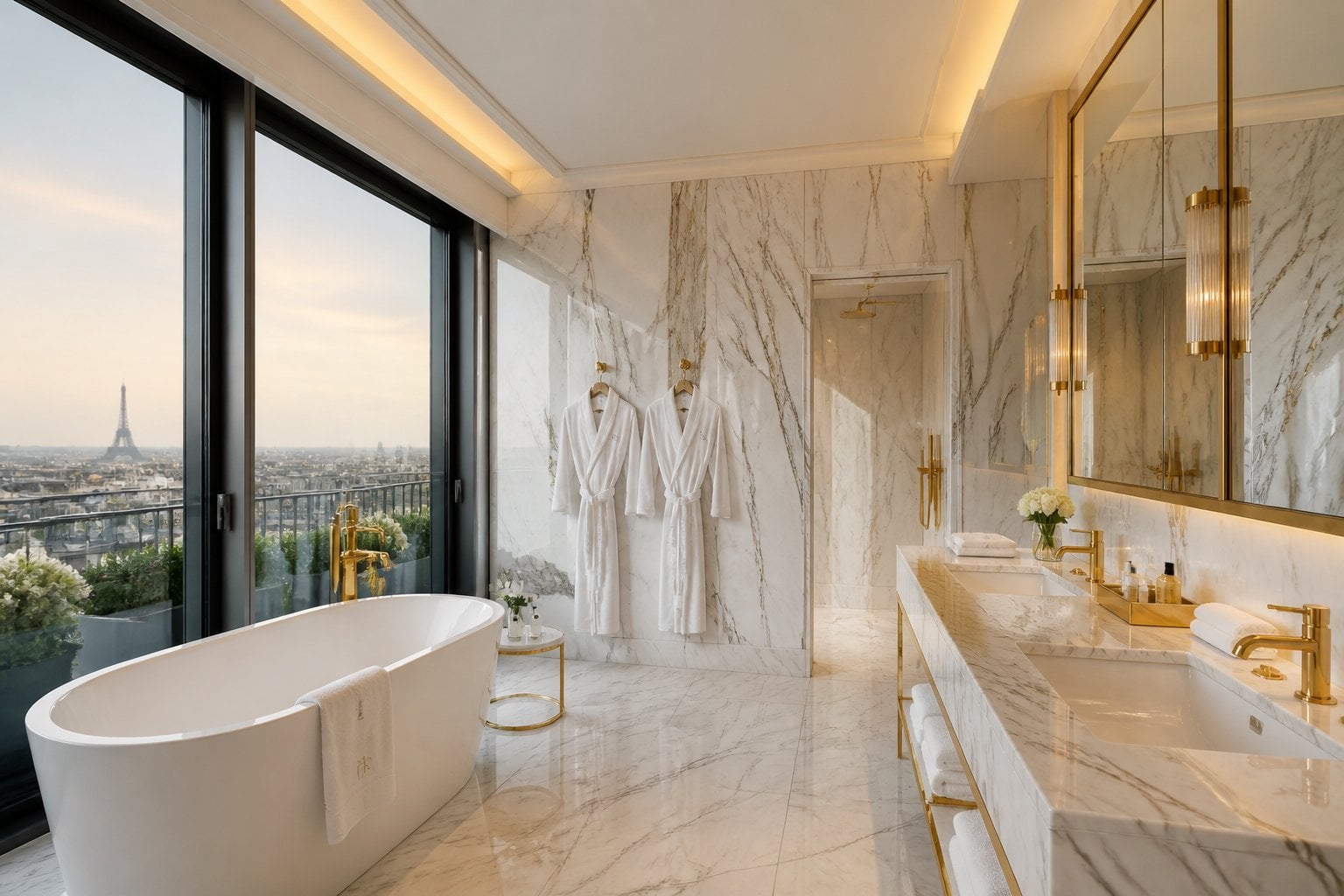 A luxurious marble spa bathroom with a freestanding bathtub and large windows overlooking a city skyline.