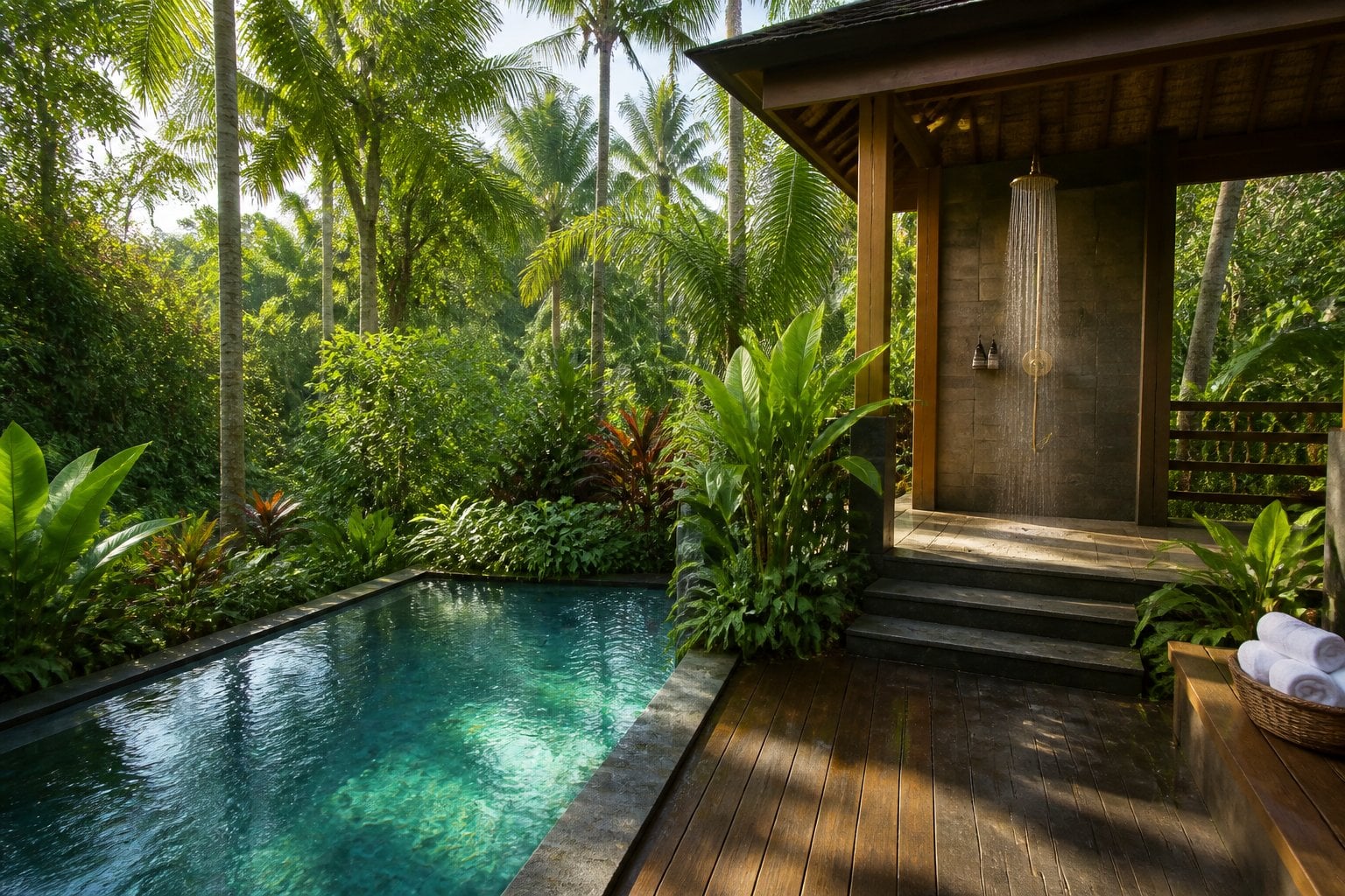 A jungle plunge pool and open-air shower pavilion surrounded by lush tropical greenery at Capella Ubud, Bali.