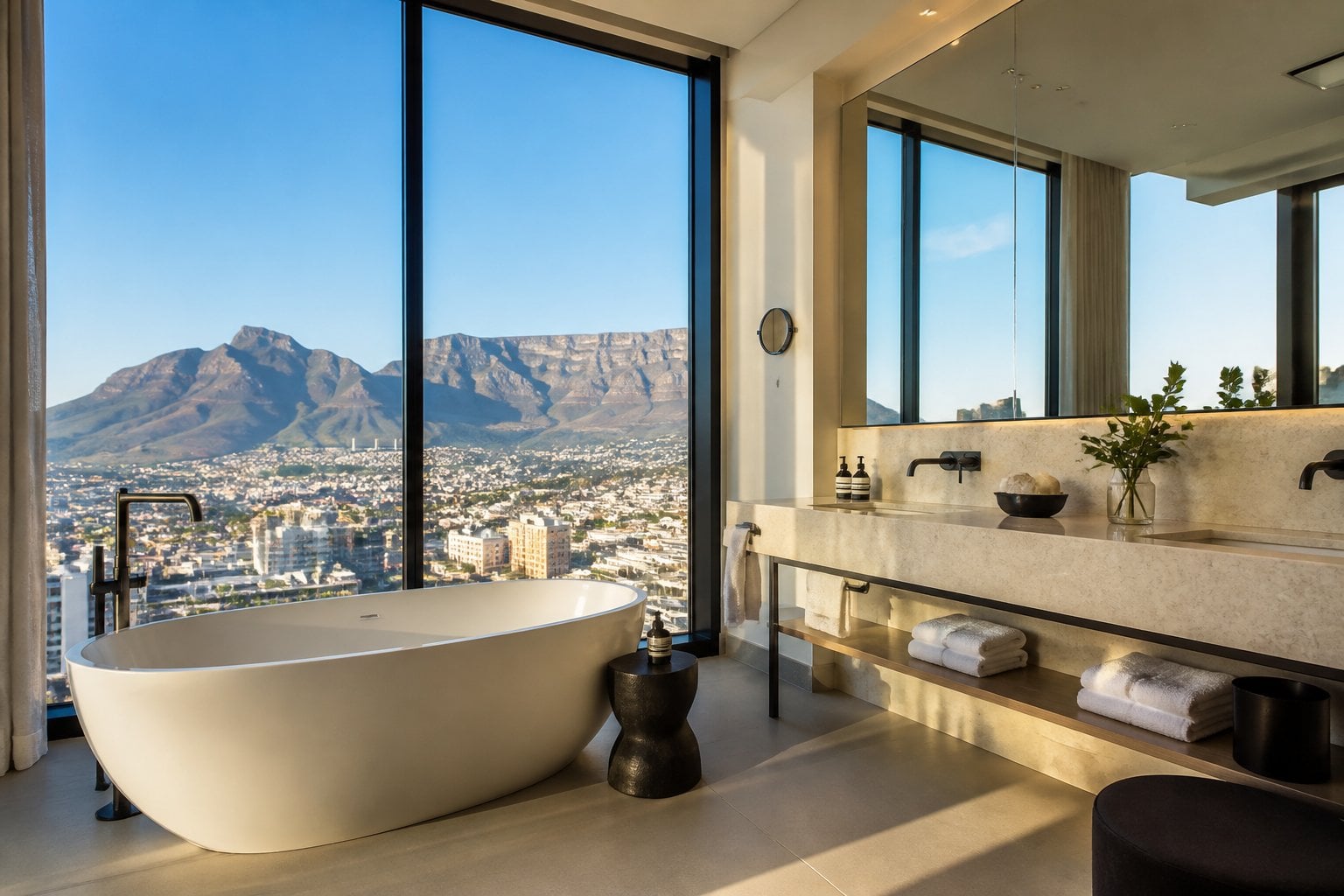 Penthouse bathroom with a freestanding bathtub and large windows overlooking Table Mountain in Cape Town.