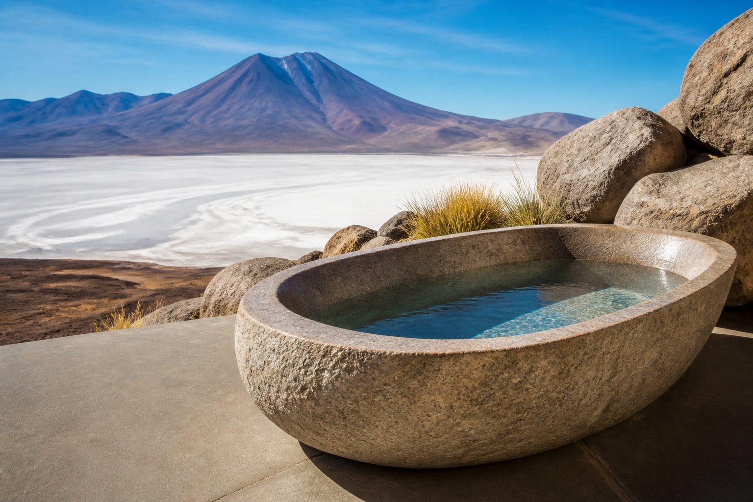 Stone bathtub outdoors with salt flats and a volcano in the background under a clear sky.