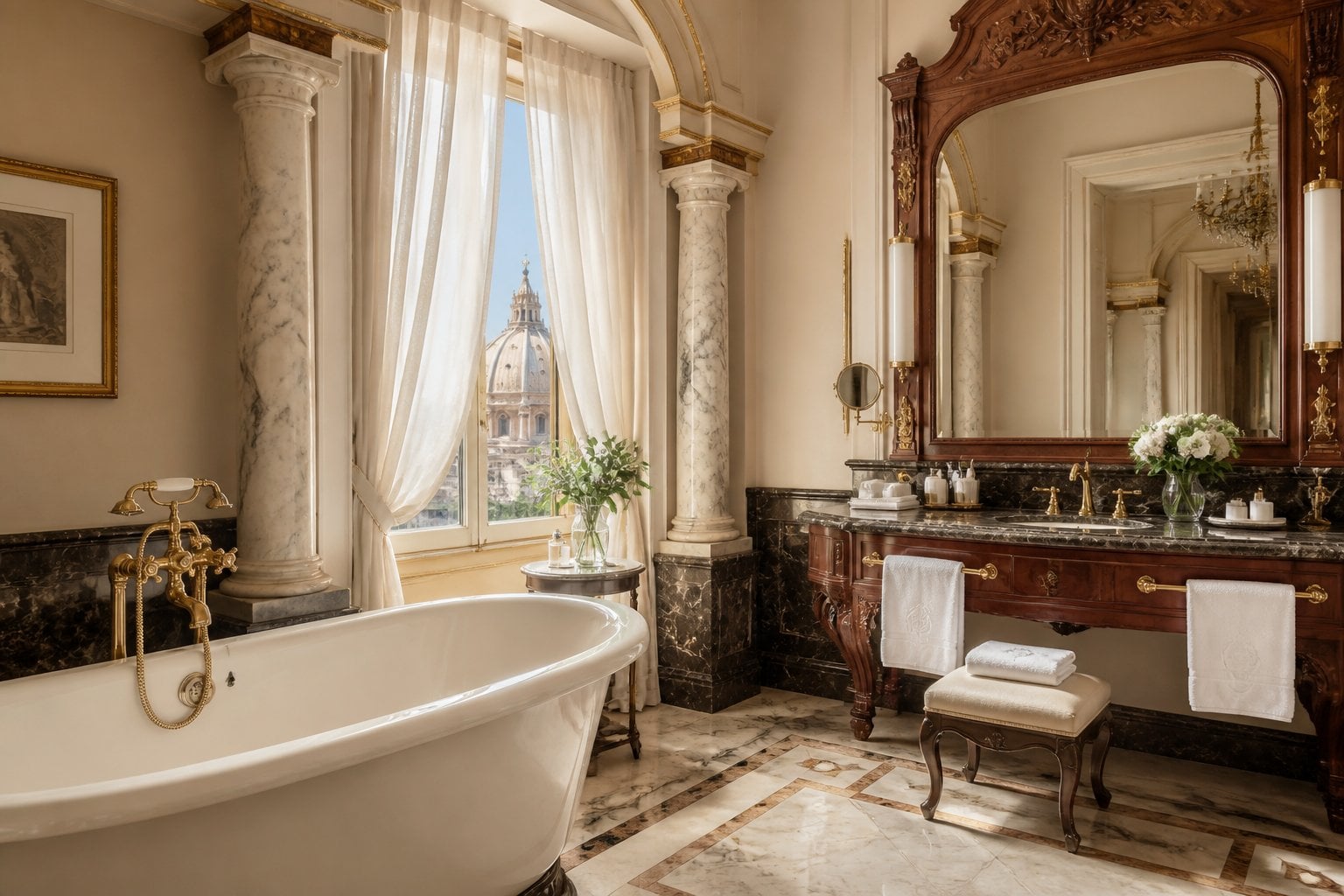 A luxurious bathroom with a freestanding bathtub, marble countertops, a large mirror, and soft natural light coming through a window.