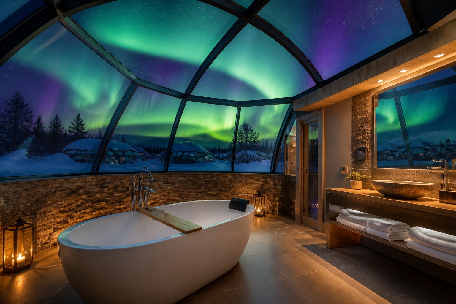Interior of a glass-igloo bathroom with a bathtub under a glass dome showing the Northern Lights in the night sky.