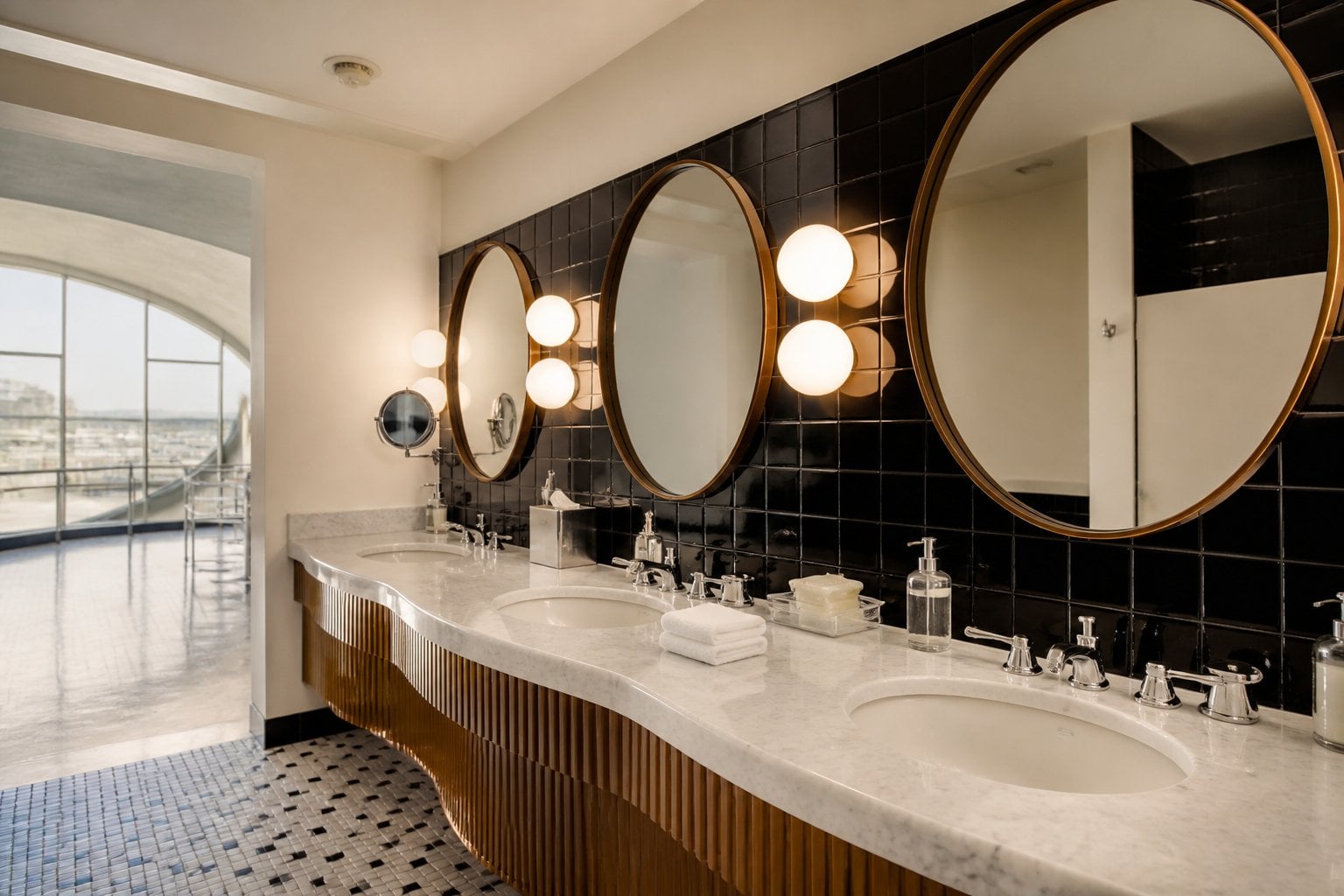 A bright bathroom with marble countertops, round mirrors, chrome fixtures, and vintage decor in a historic hotel setting.