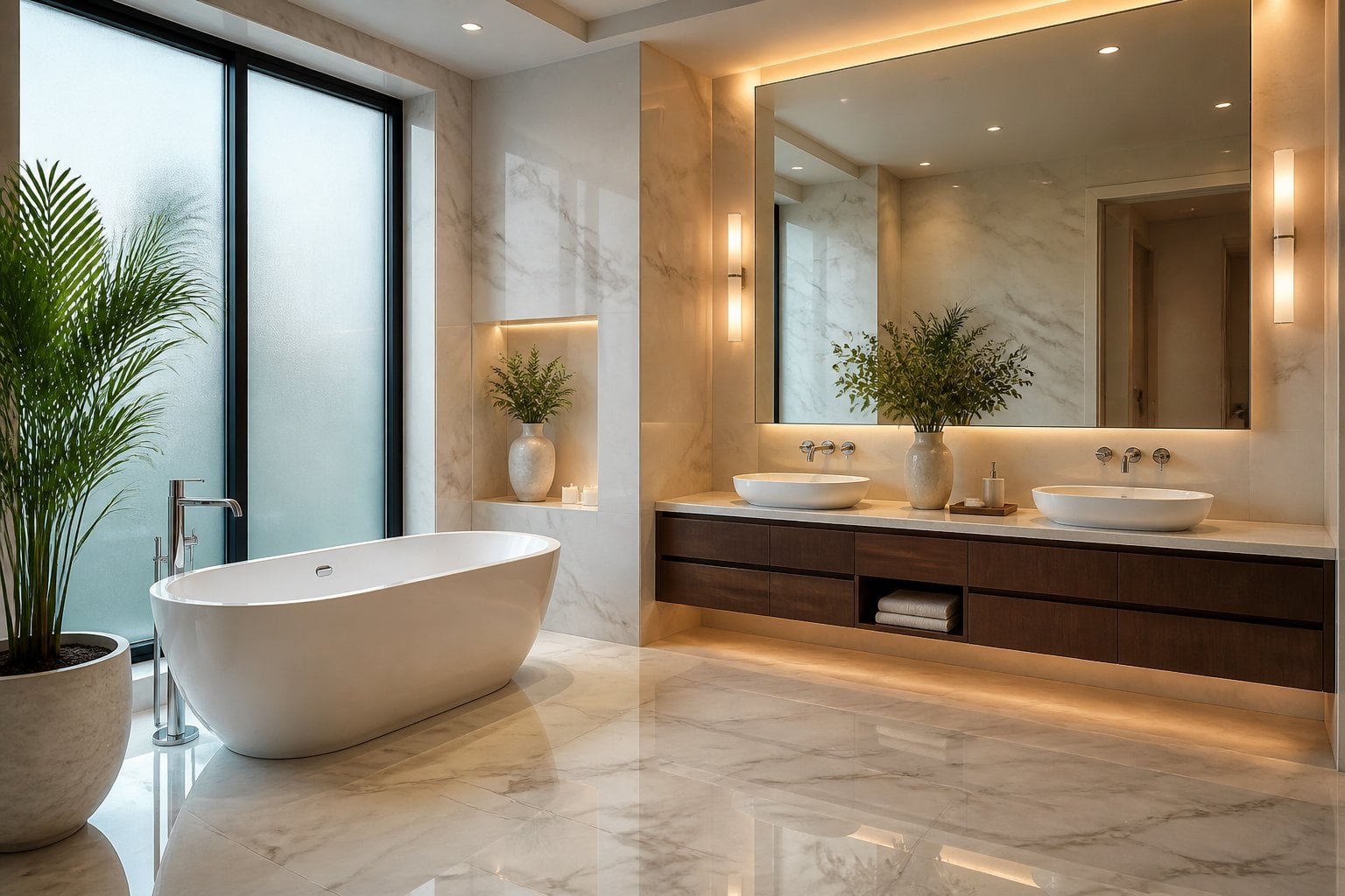 A bright, spacious bathroom with a freestanding bathtub, double vanity, large mirror, and plants near a window.