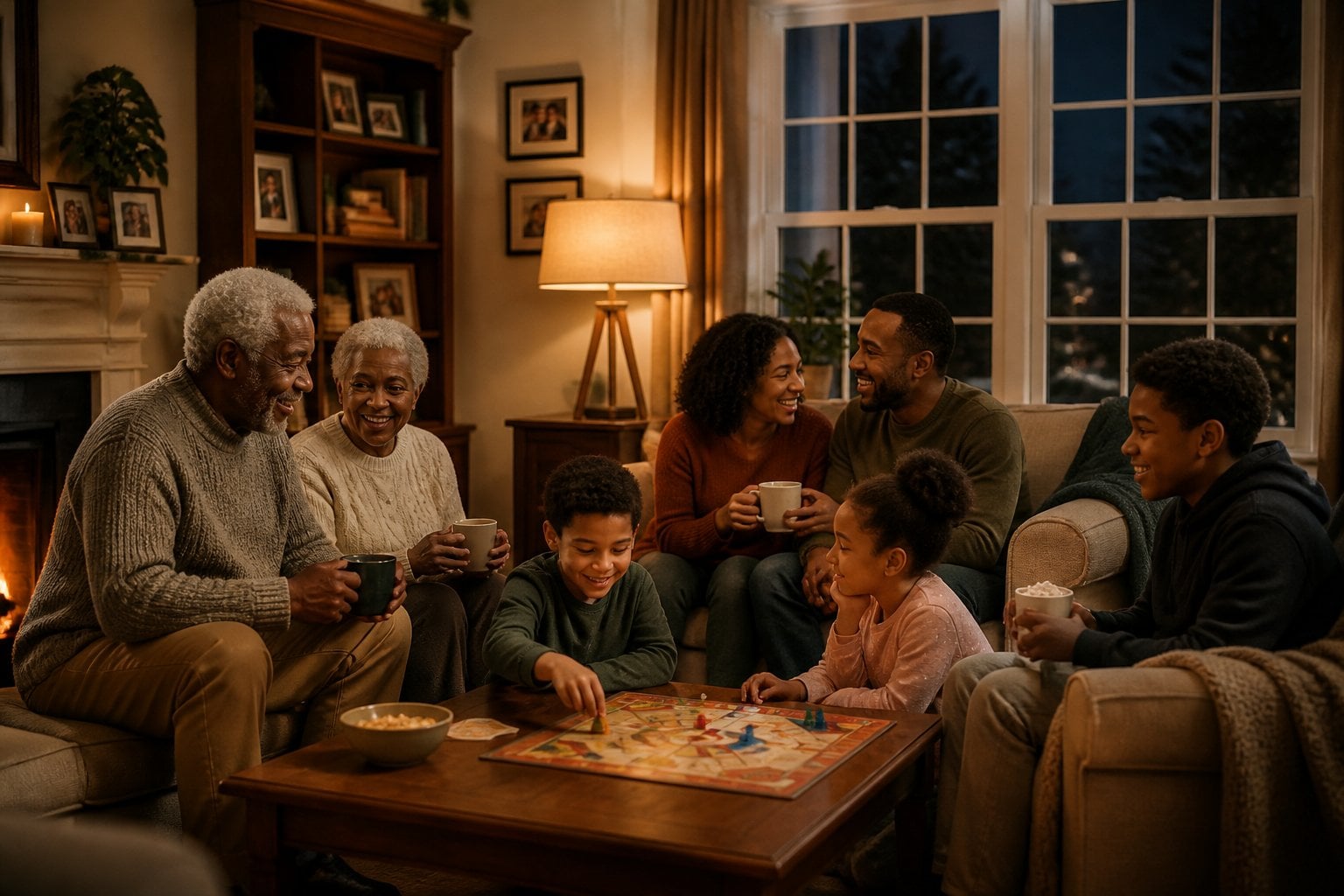 A family of different ages gathered in a cozy living room at night, playing games and spending time together around a coffee table.