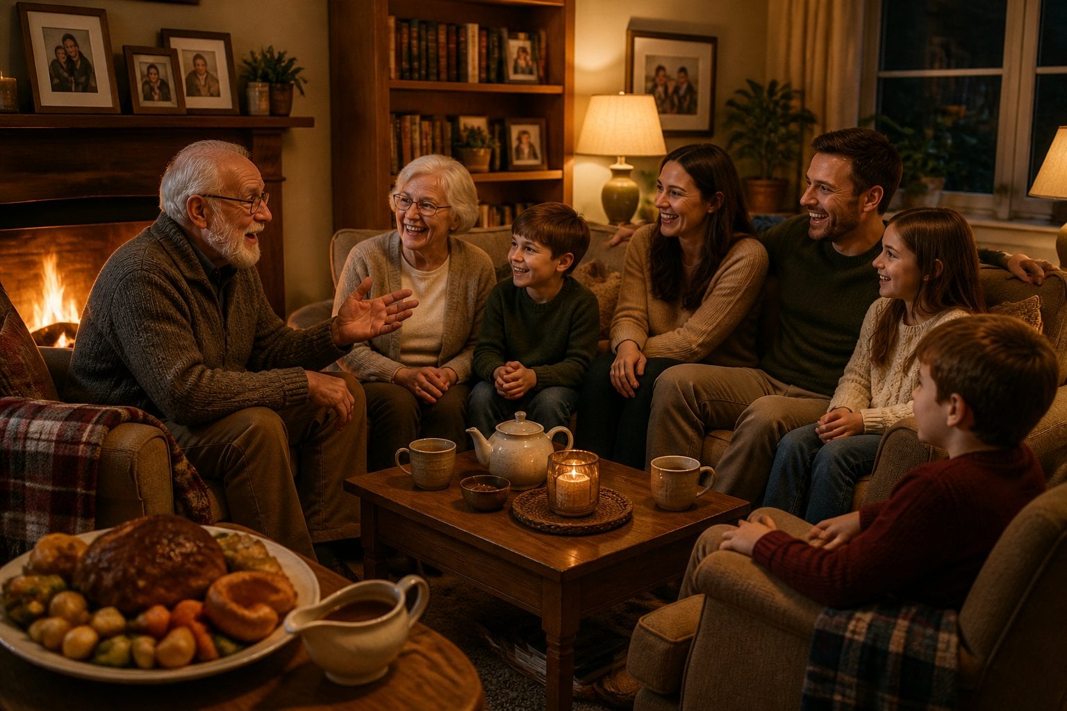 A family of multiple generations gathered in a cozy living room, sharing stories and enjoying a Sunday roast together.