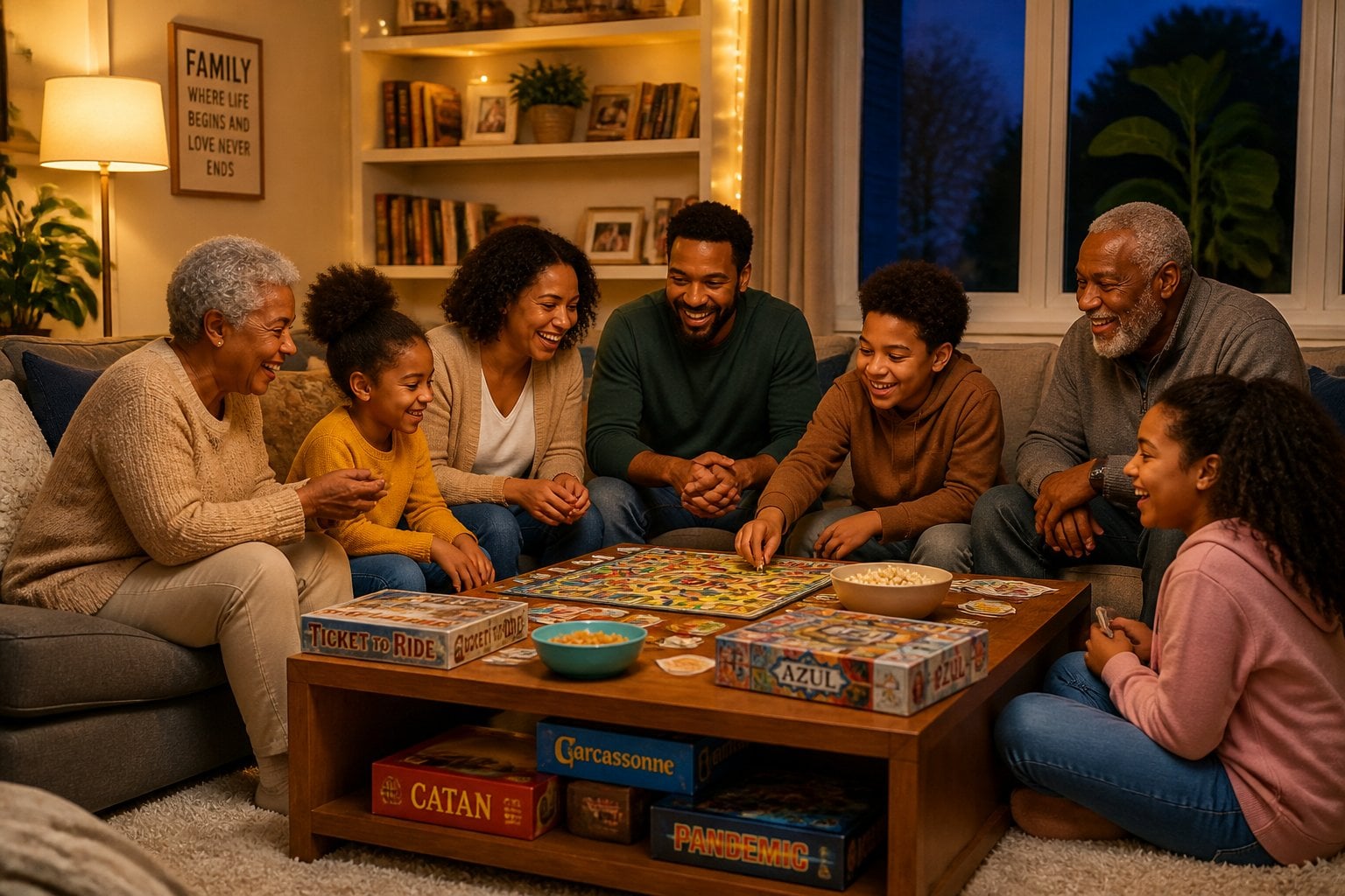 A family of different generations playing board games together in a cozy living room at night.