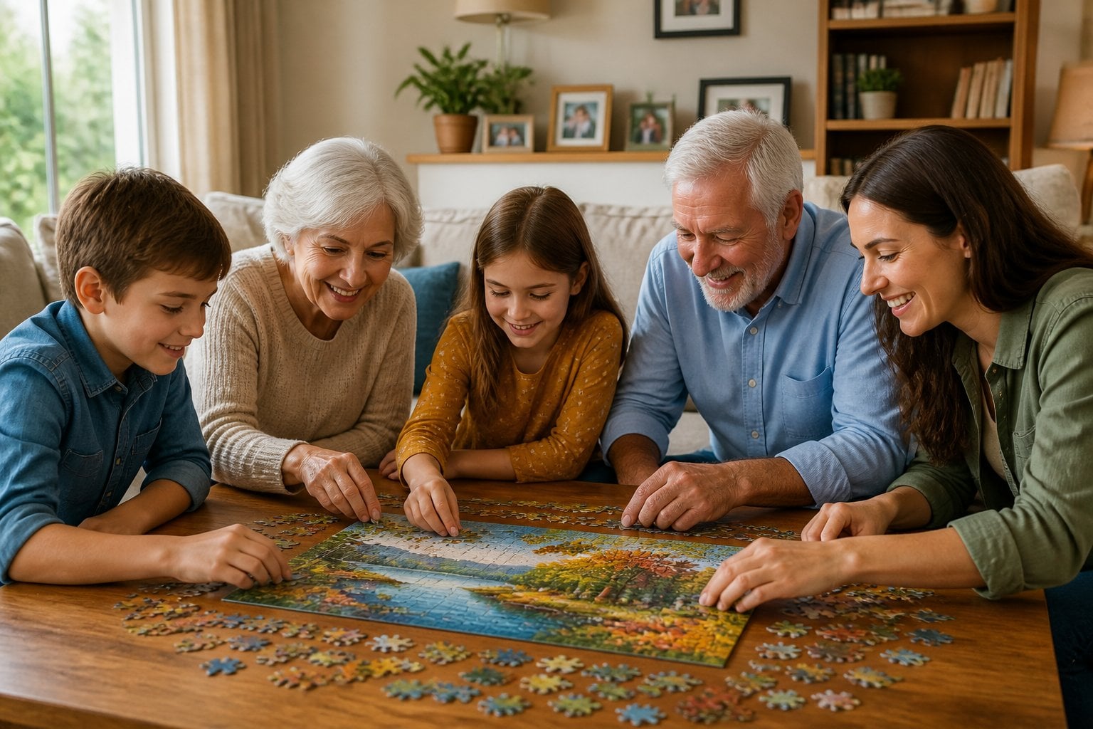 A family sitting around a coffee table working together on a jigsaw puzzle in a cozy living room.