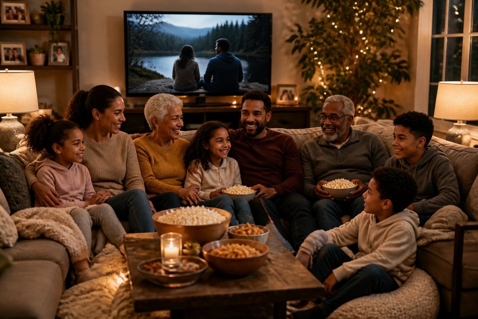 A family gathered in a cozy living room enjoying a movie night together.