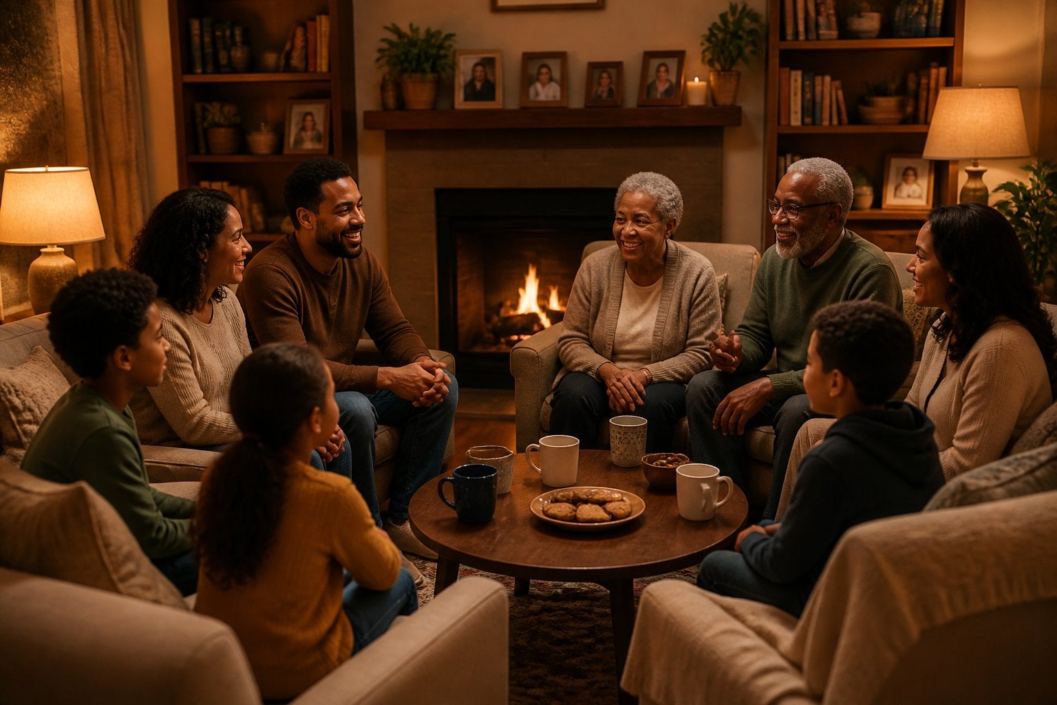 A family of multiple generations sitting together in a living room, talking and smiling after dinner.