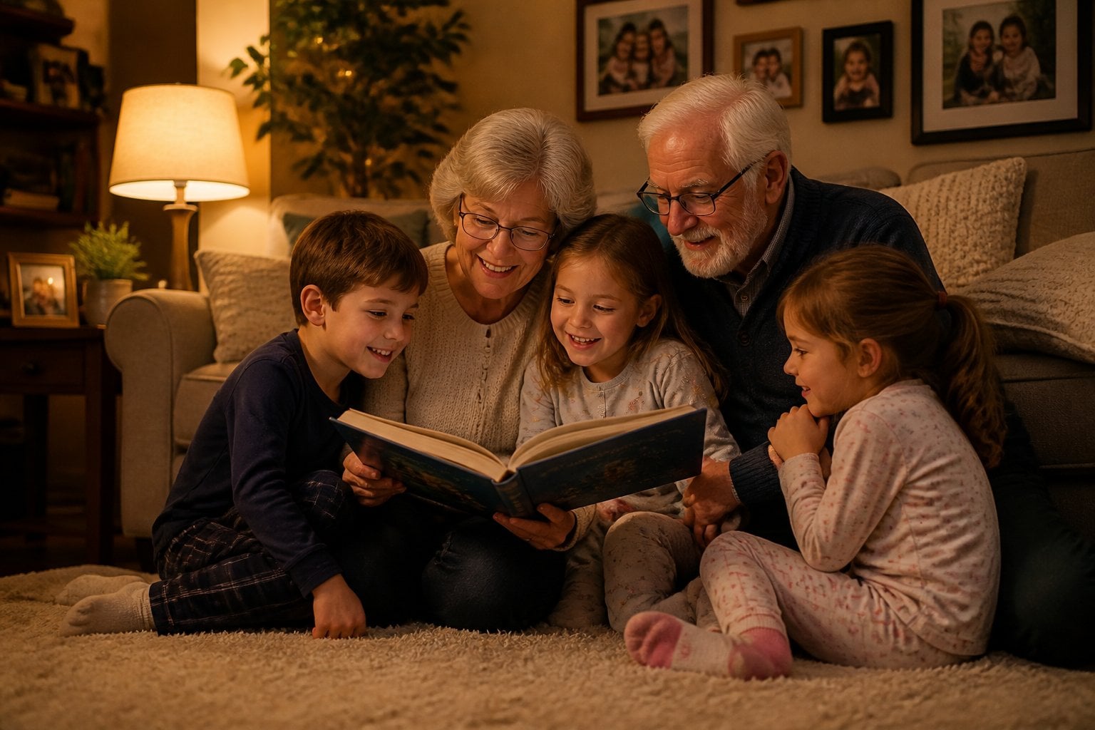 Grandparents reading a storybook to their grandchildren in a cozy living room at bedtime.