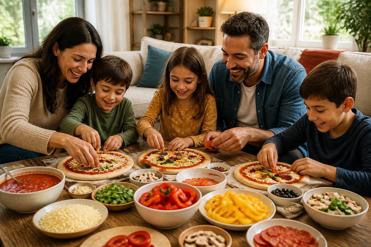 A family in a living room happily making their own pizzas together around a coffee table with various pizza ingredients.