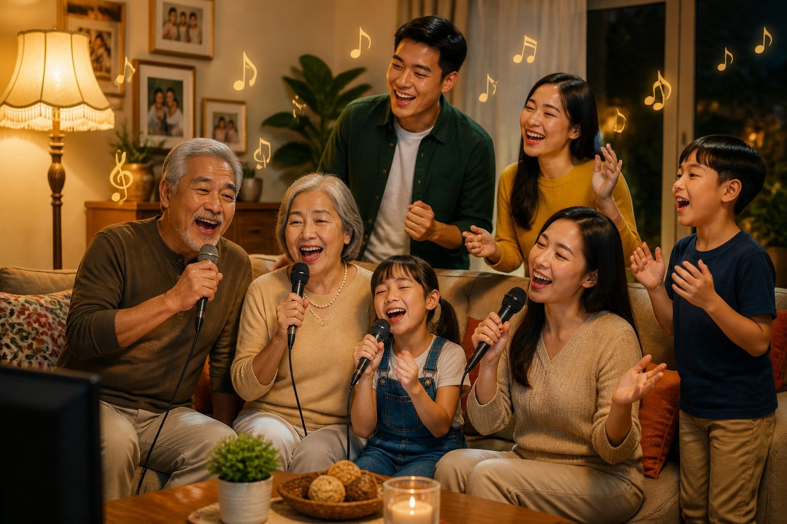 A family gathered in a living room singing karaoke together under a warm lamplight, enjoying a joyful evening.