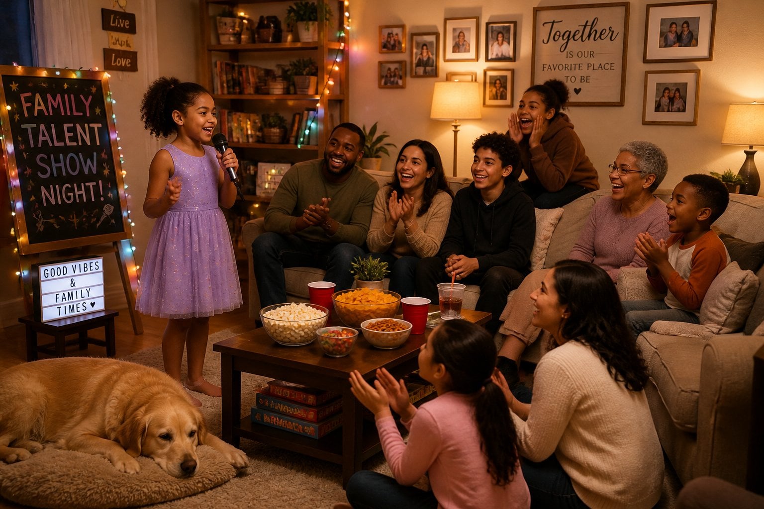 A family gathered in a living room enjoying a talent show with a child singing and others watching and cheering.