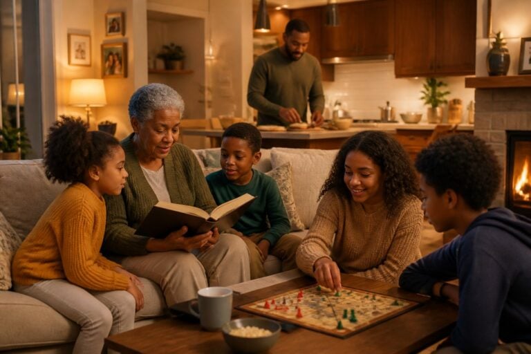 A family gathered in a cozy living room, sharing time together with activities like reading, playing games, and preparing food.