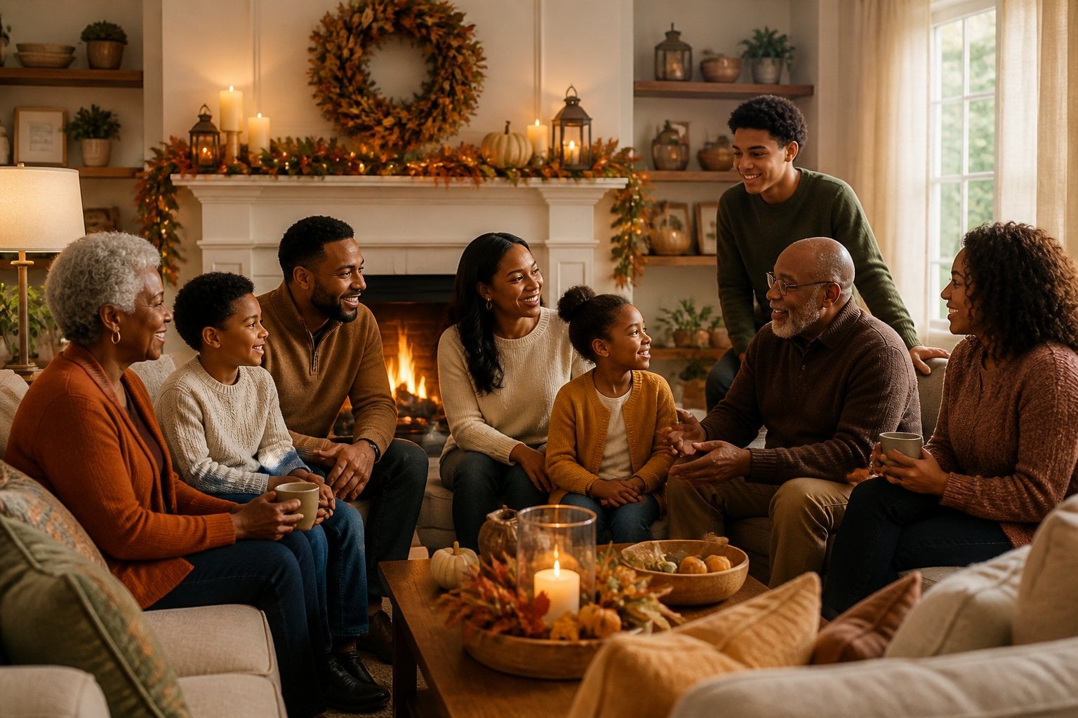 A family gathered in a living room around a decorated mantel with candles and garlands, sharing a warm and joyful moment together.