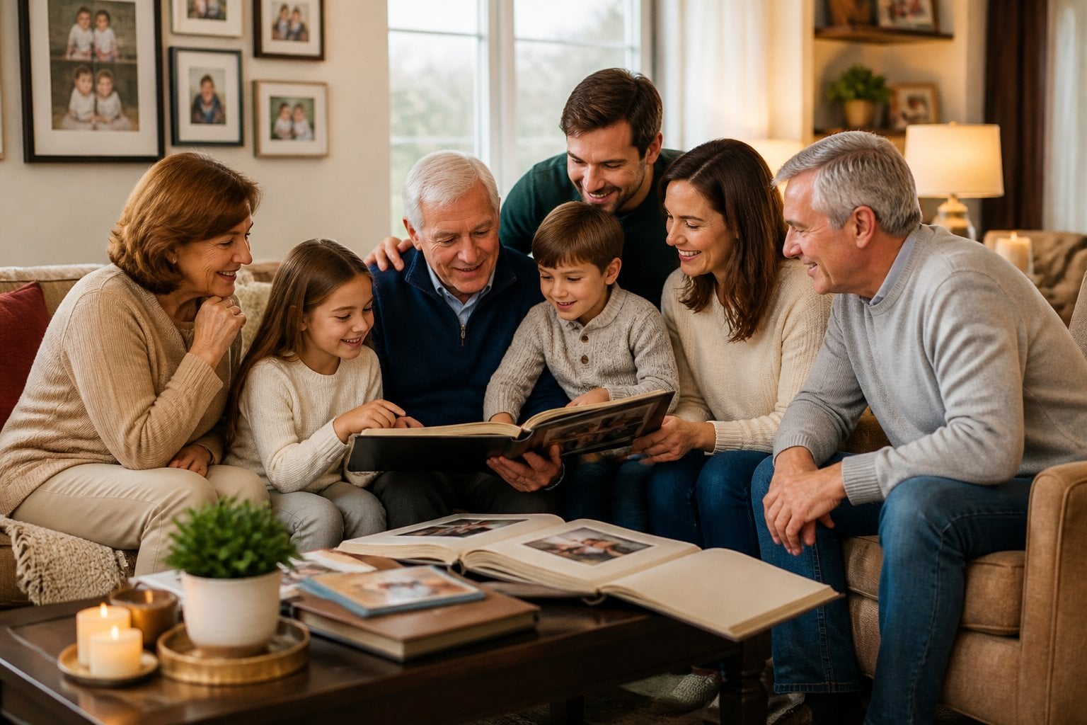 A family of multiple generations sitting together in a living room, looking through photo albums and sharing memories.