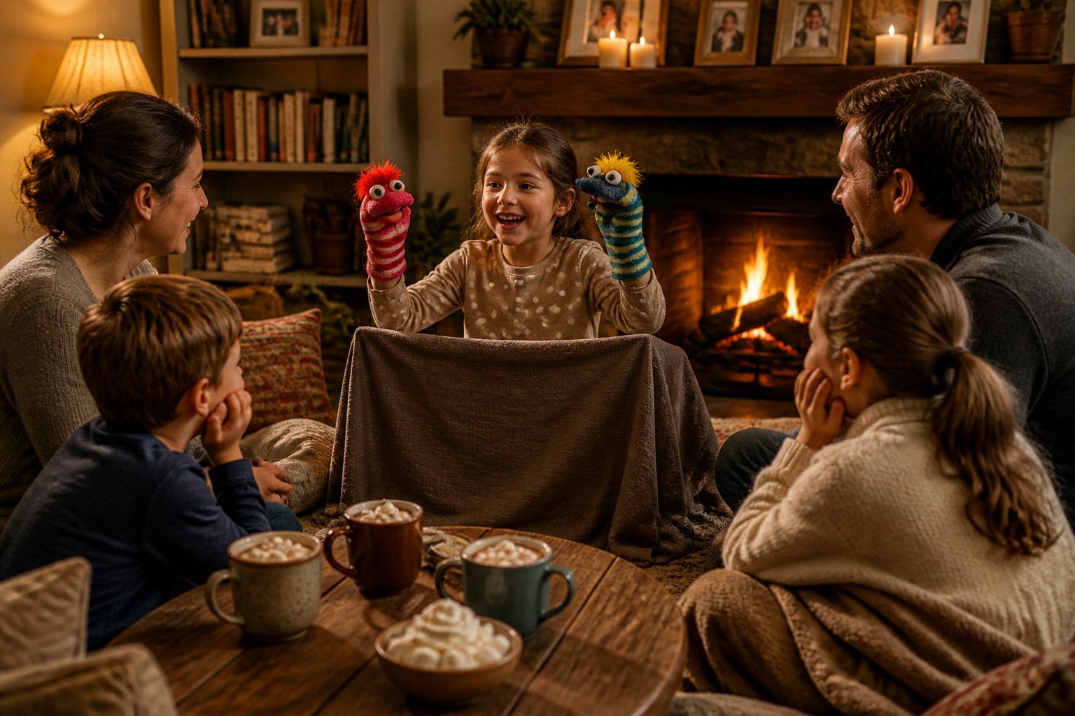A family in a living room enjoying a sock-puppet show with a mug of hot chocolate on the table nearby.