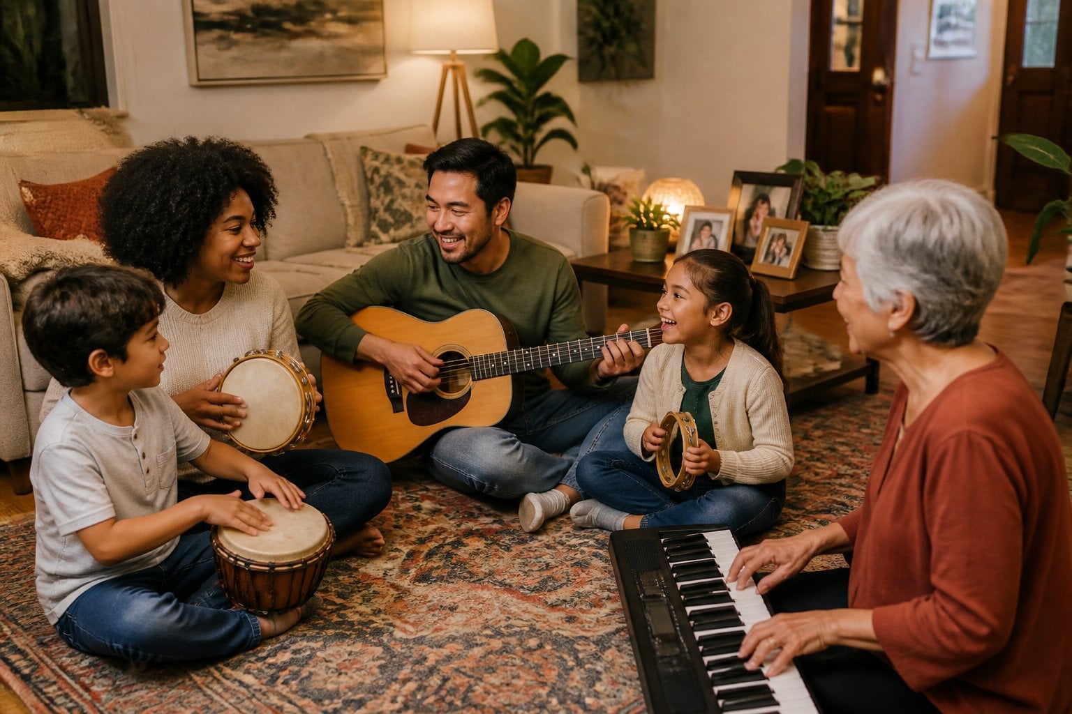 A family playing musical instruments together on a rug in a living room, smiling and enjoying their time.