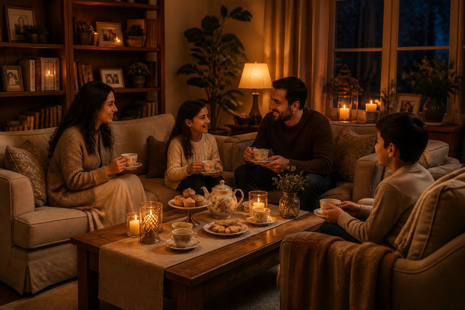 A cozy living room lit by candlelight with a tea set on a coffee table, surrounded by comfortable seating and family decorations.