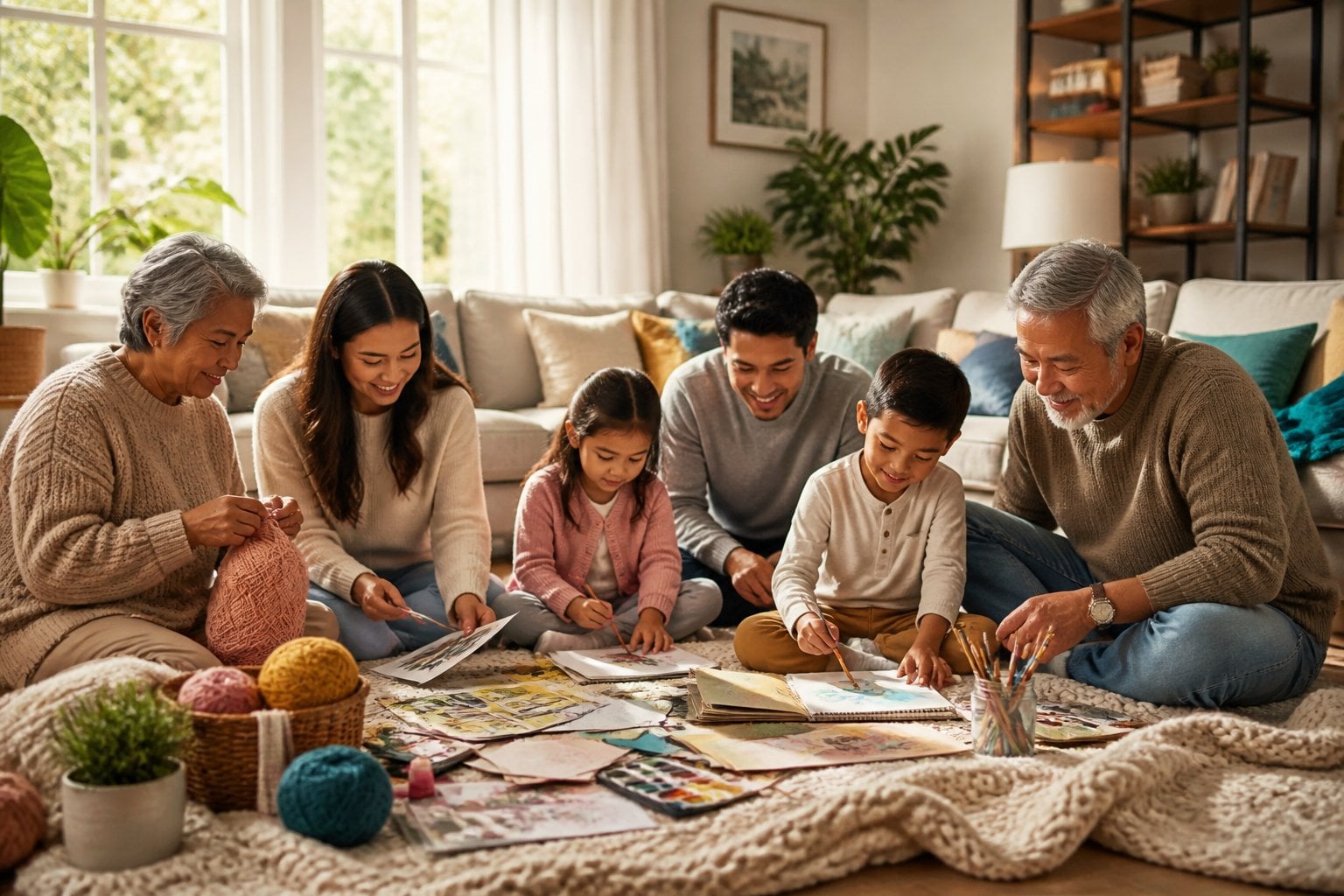 A multi-generational family gathered on a throw blanket in a living room, doing crafts together and enjoying each other's company.