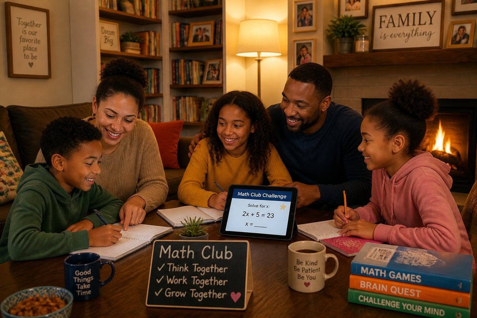 A family gathered in a living room helping children with homework and math activities around a coffee table.