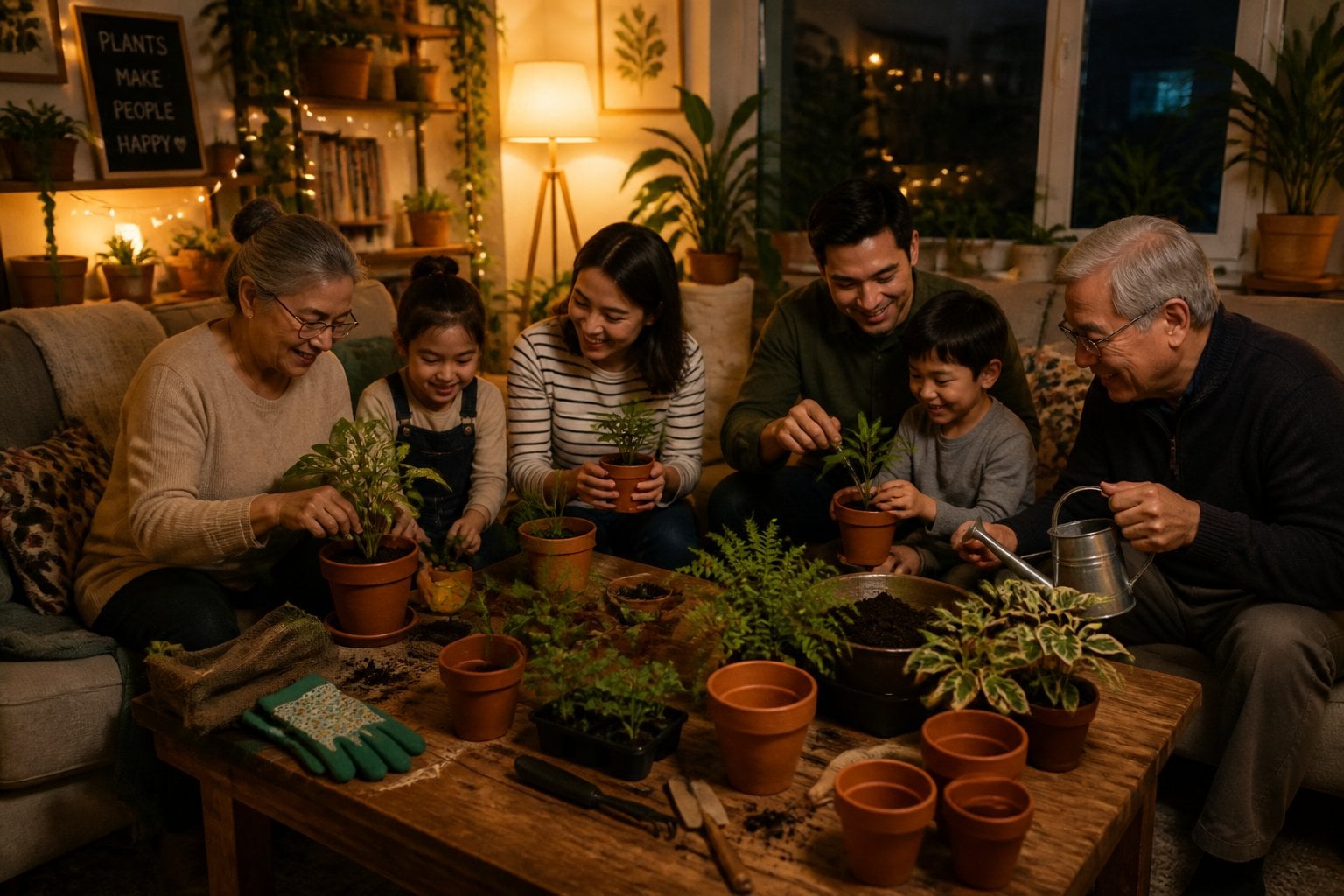 A family gathered in a living room at night, potting plants together around a coffee table filled with gardening supplies.