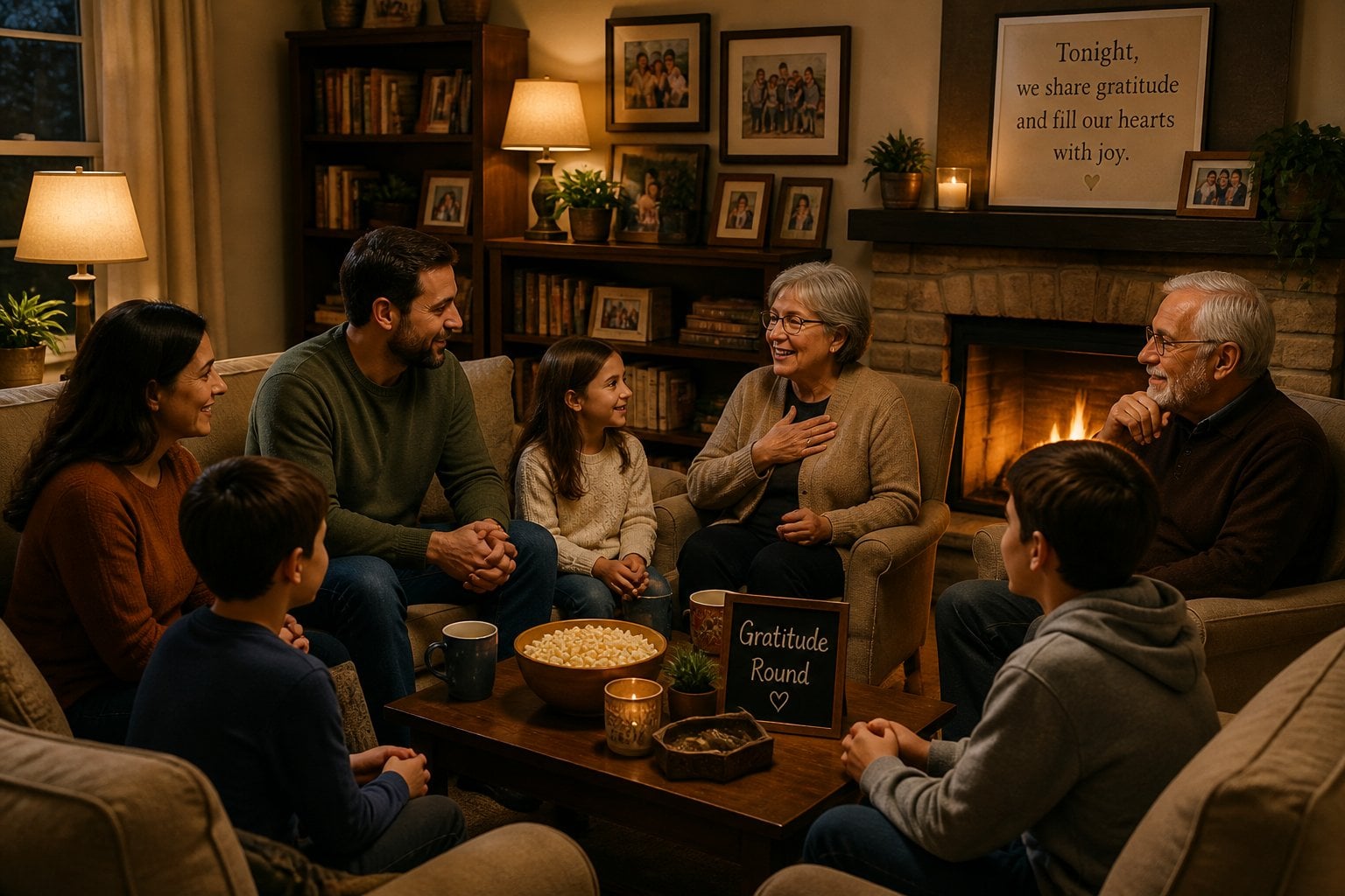 A family of different generations sitting together in a living room, sharing a moment of gratitude and connection on a Sunday evening.