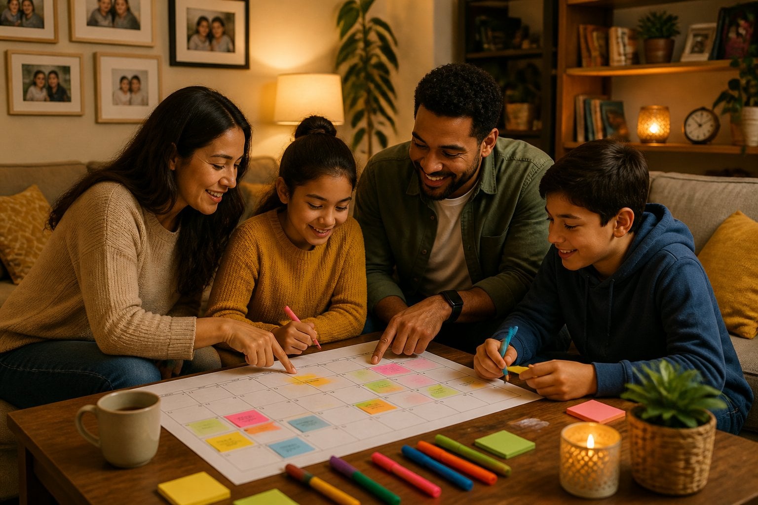 A family of four gathered around a coffee table in a living room, planning their schedule together using a wall calendar.