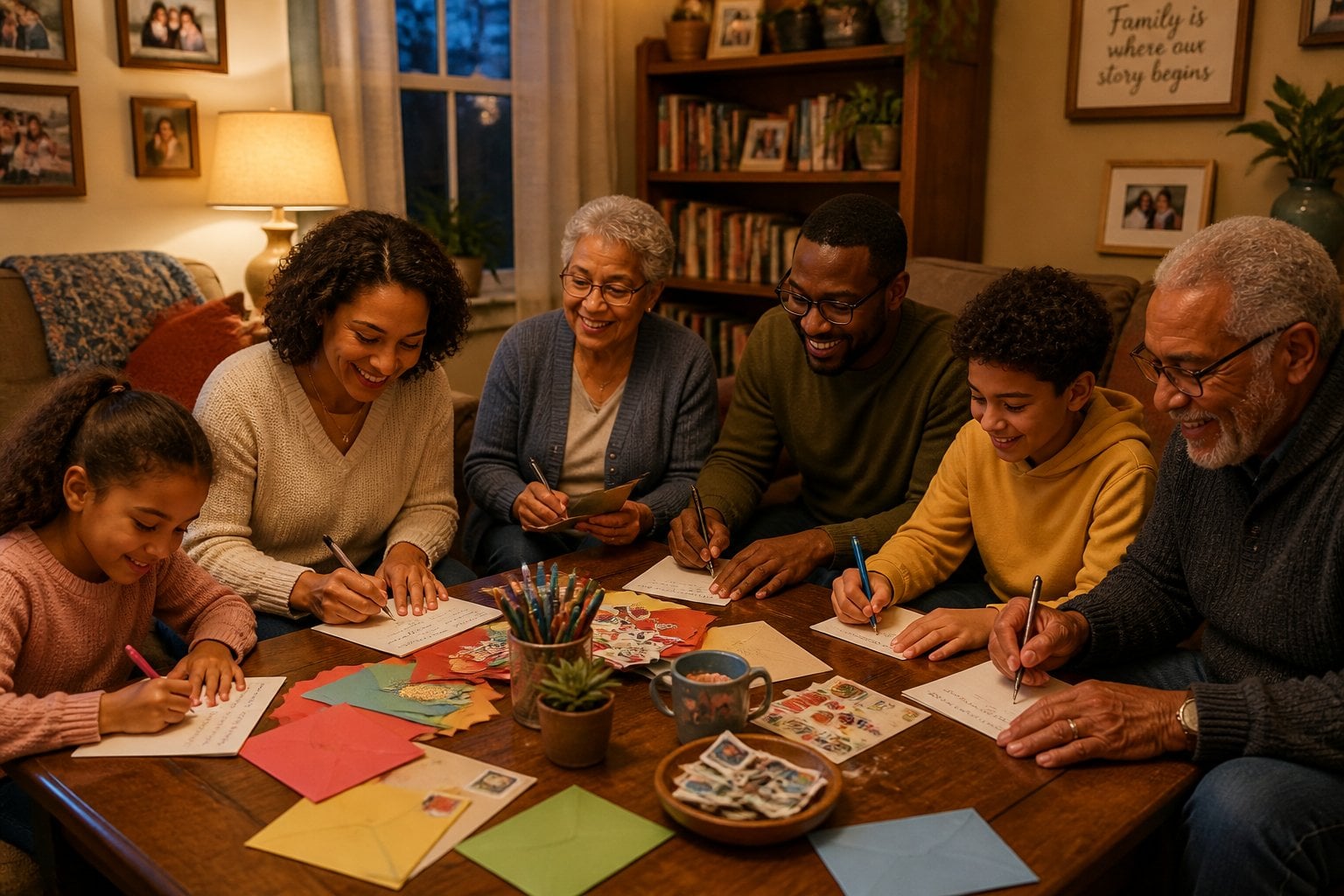 A family gathered in a living room, writing letters together around a coffee table.
