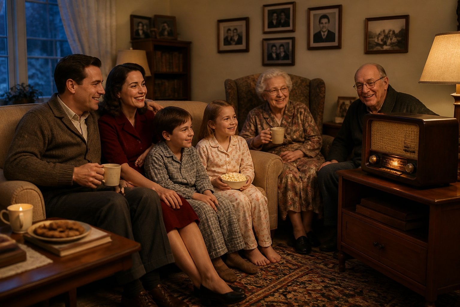 A multi-generational family sitting together in a living room, listening attentively to a vintage radio.