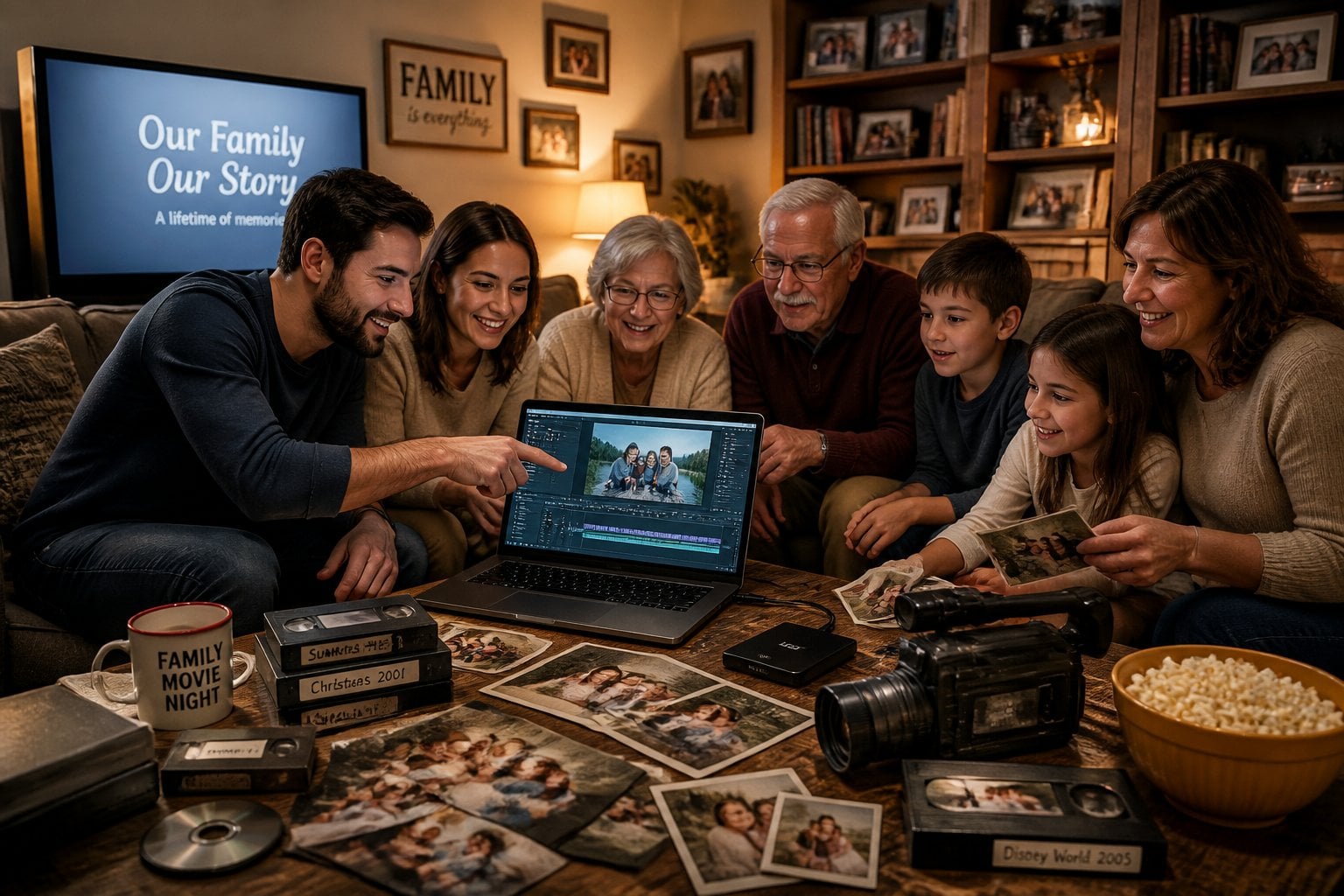 A family gathered in a living room around a table with laptops and photo prints, working together on home movie editing.