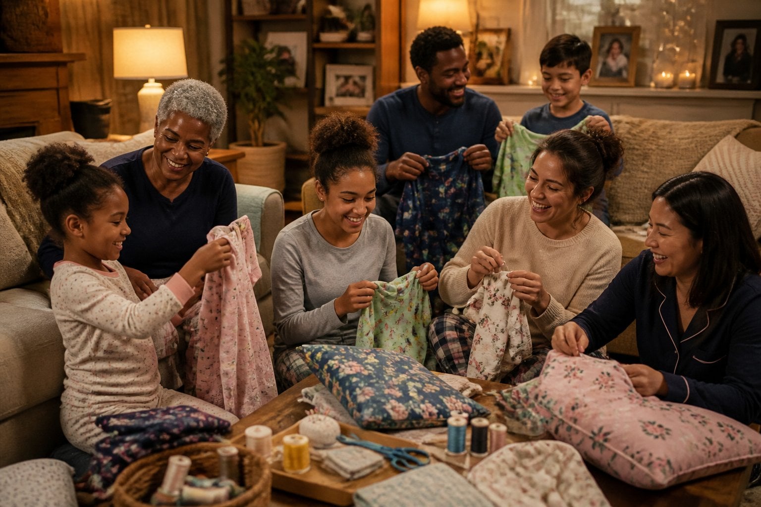 A family gathered in a living room exchanging pajamas and sewing pillowcases together, surrounded by sewing supplies and smiling warmly.