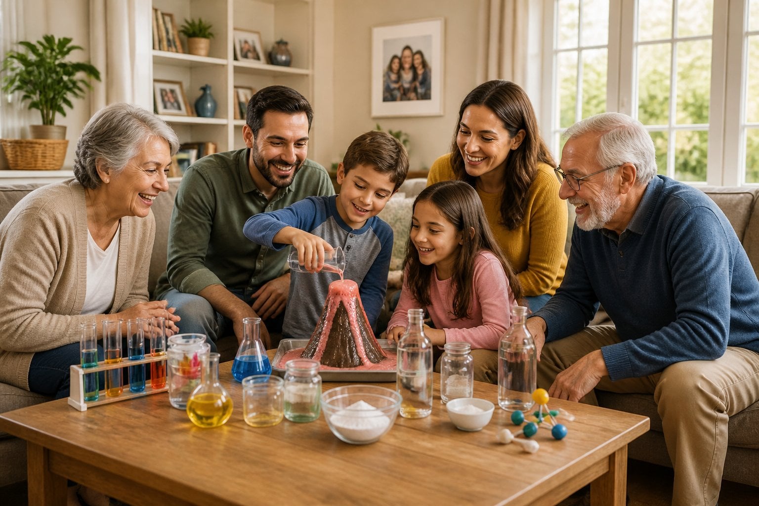 A family gathered in a living room around a table doing a science experiment together, smiling and engaged.
