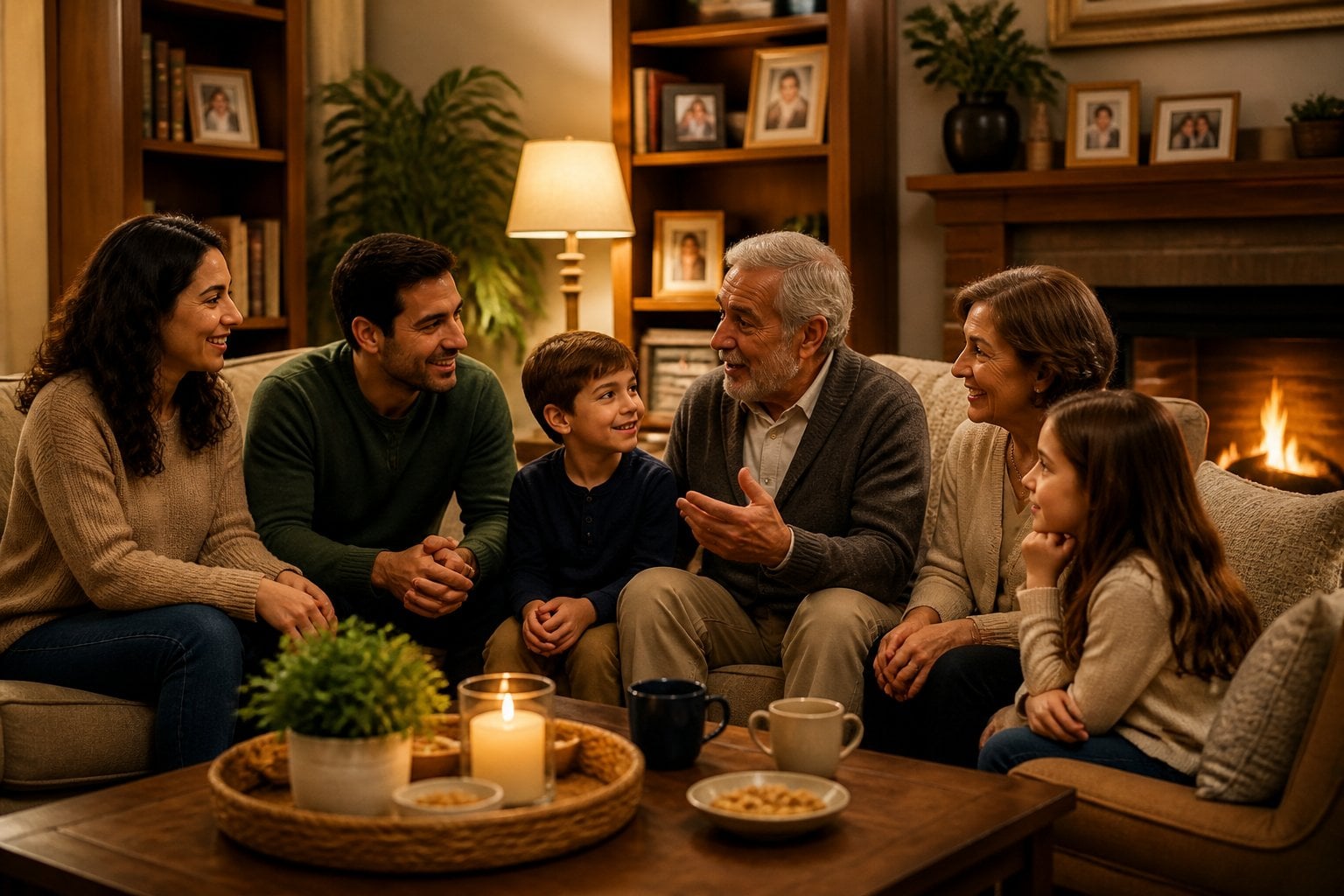 A family of multiple generations sitting together in a living room, talking and smiling after dinner.