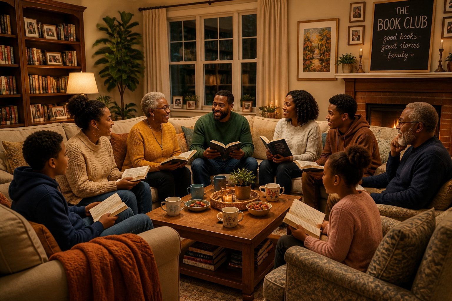 A multi-generational family gathered in a living room, sitting together and sharing books during a cozy book-club meeting.