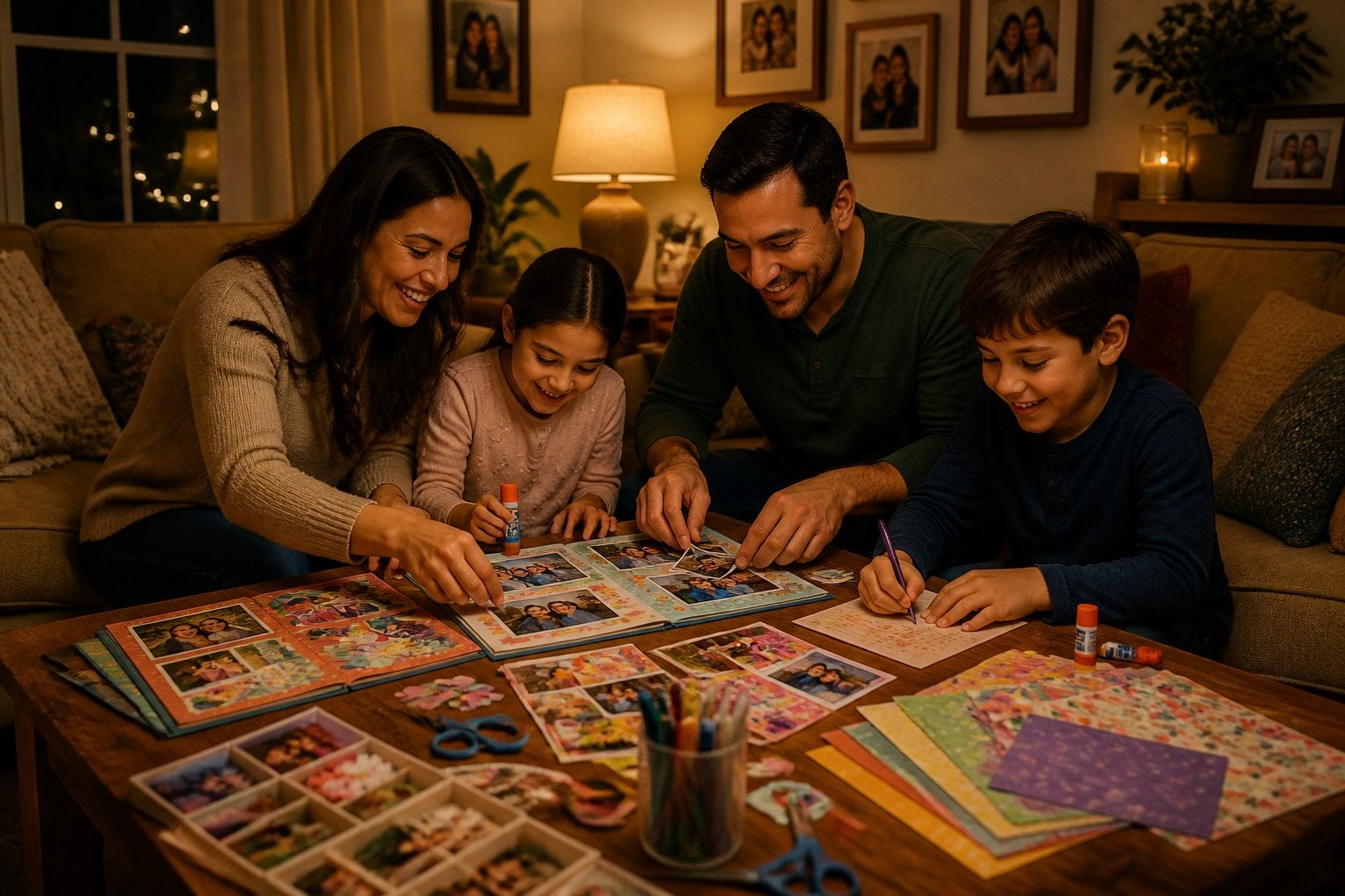 A family gathered around a coffee table in a living room at night, working together on a scrapbook with various craft supplies.