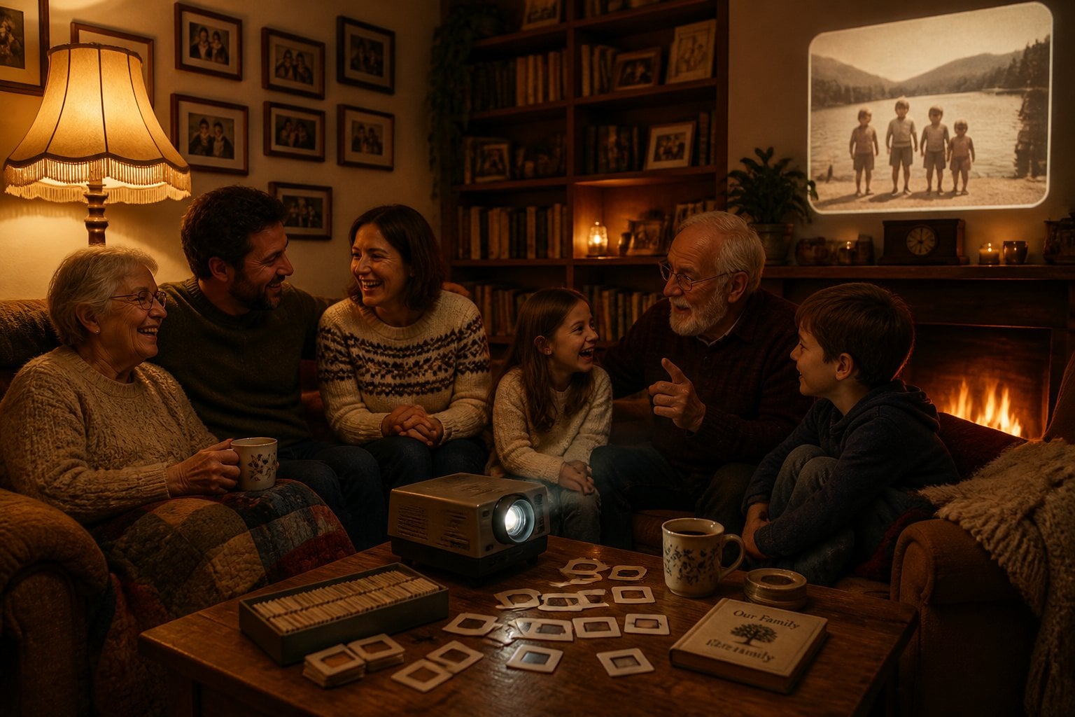 A family gathered in a living room at night, sharing stories and looking at old photo slides projected on the wall.