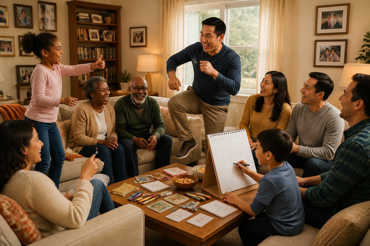 A group of family members and neighbors playing charades and drawing in a cozy living room, smiling and enjoying their time together.