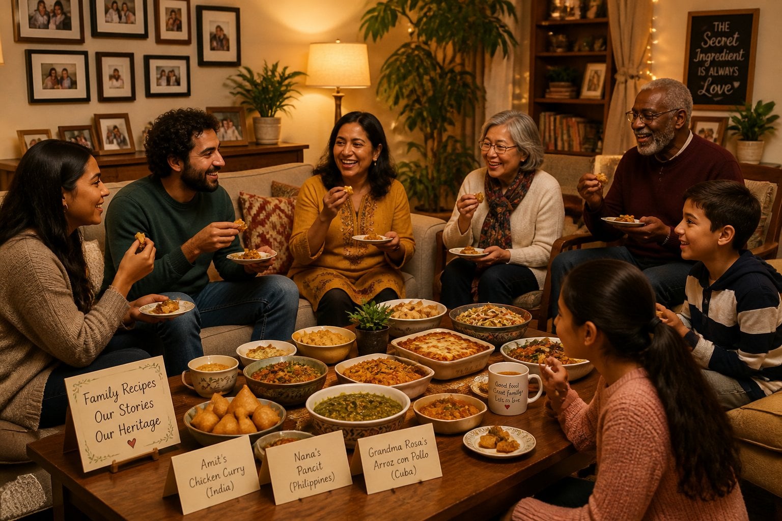 Family members gathered in a living room sharing and tasting homemade dishes together, smiling and enjoying each other's company.