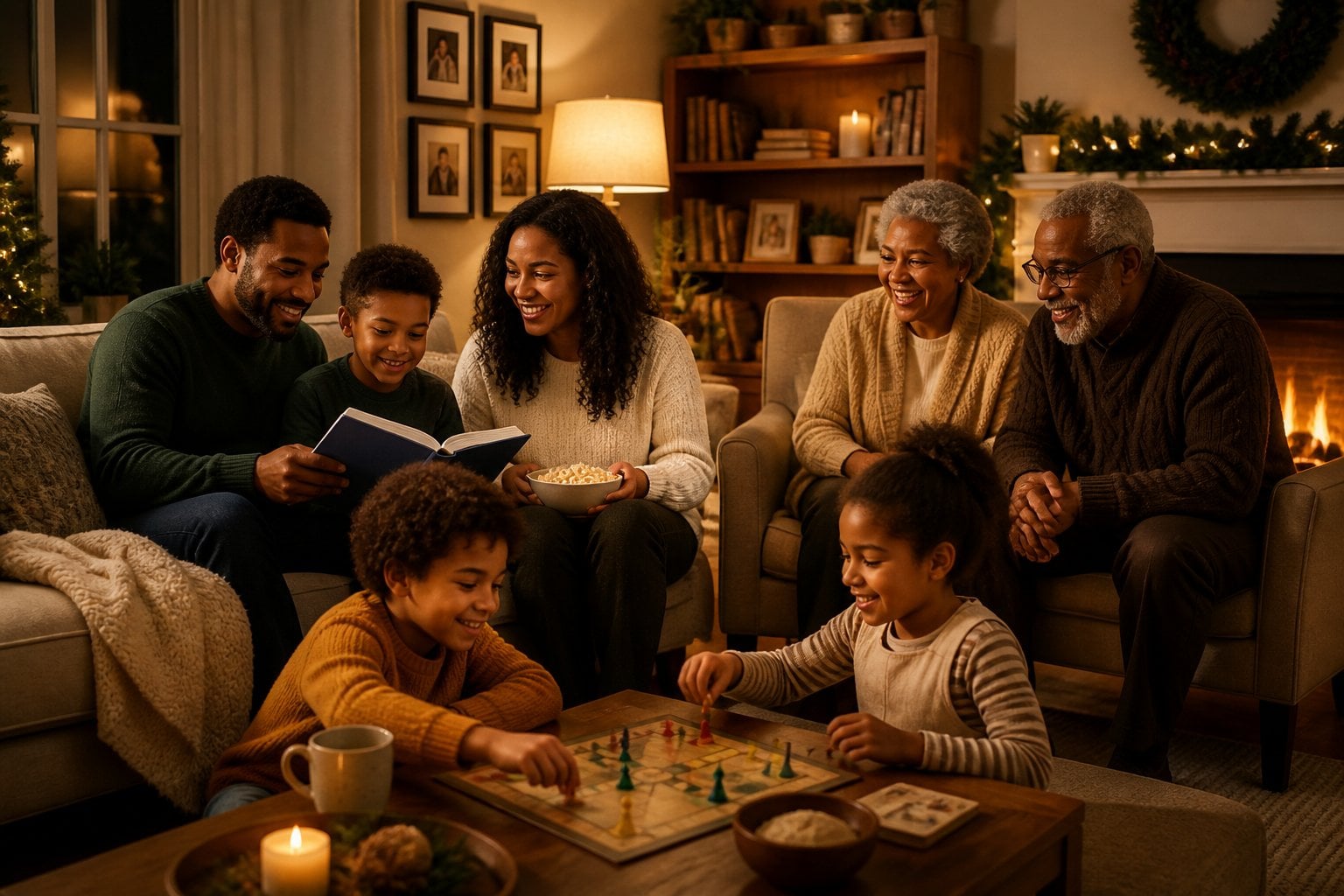 A multi-generational family spending time together in a cozy living room, engaging in various activities that bring them closer each night.