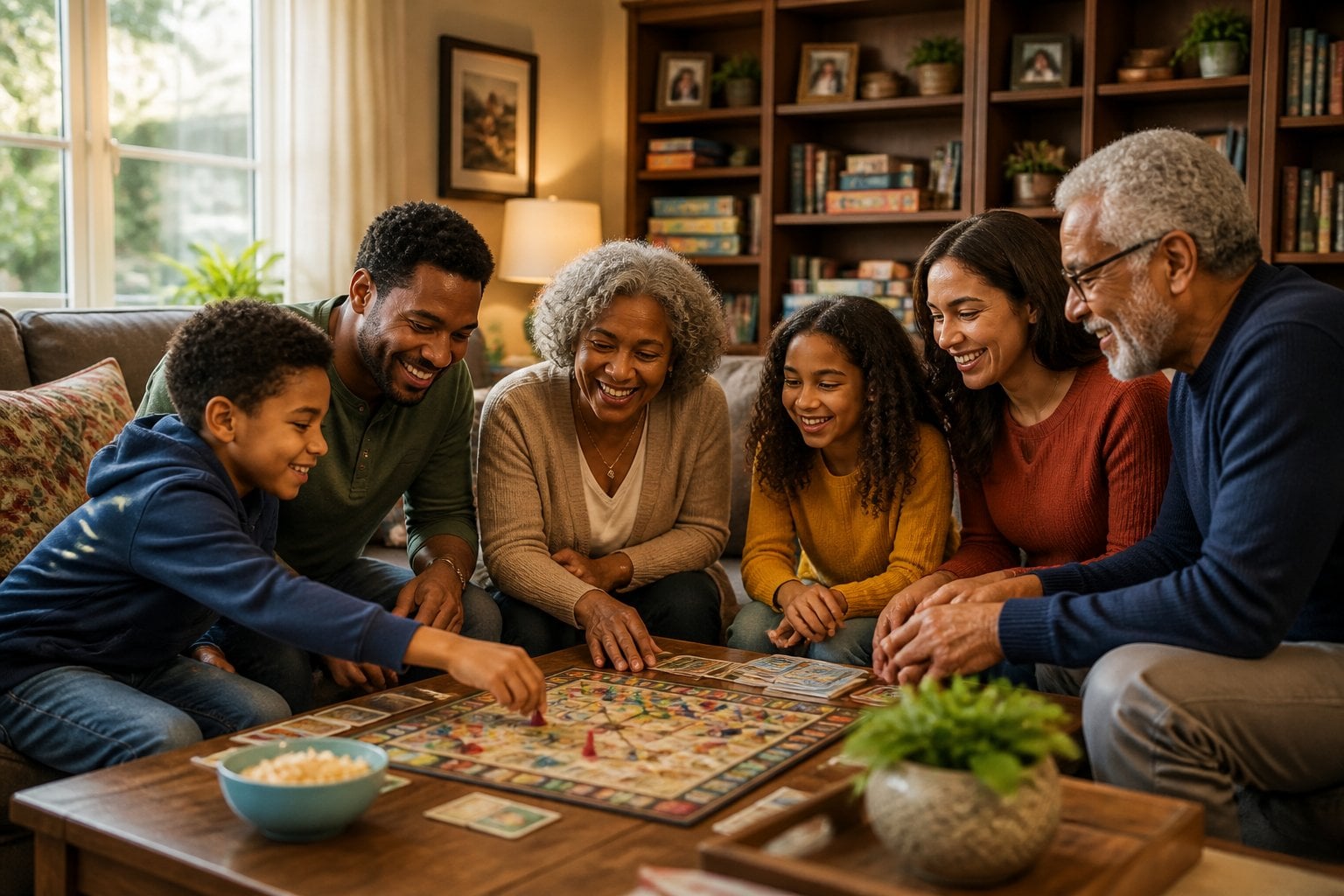 A family of multiple generations sitting around a coffee table playing a board game in a cozy living room.