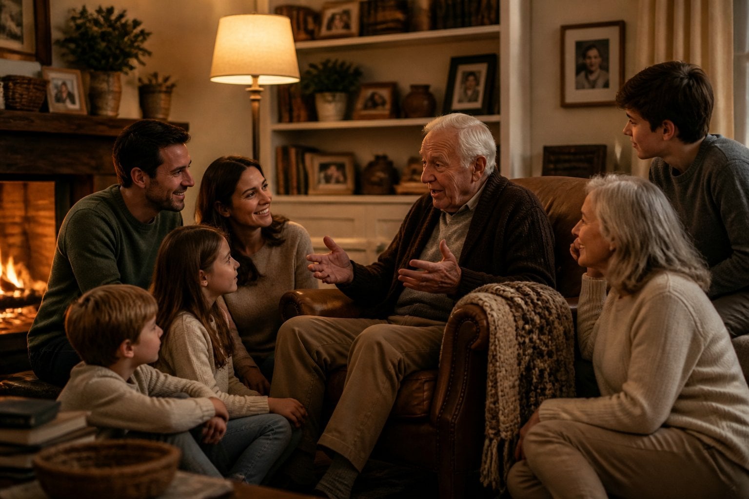 A family gathered in a living room around an elderly person telling a story from an armchair, with children and adults listening attentively.