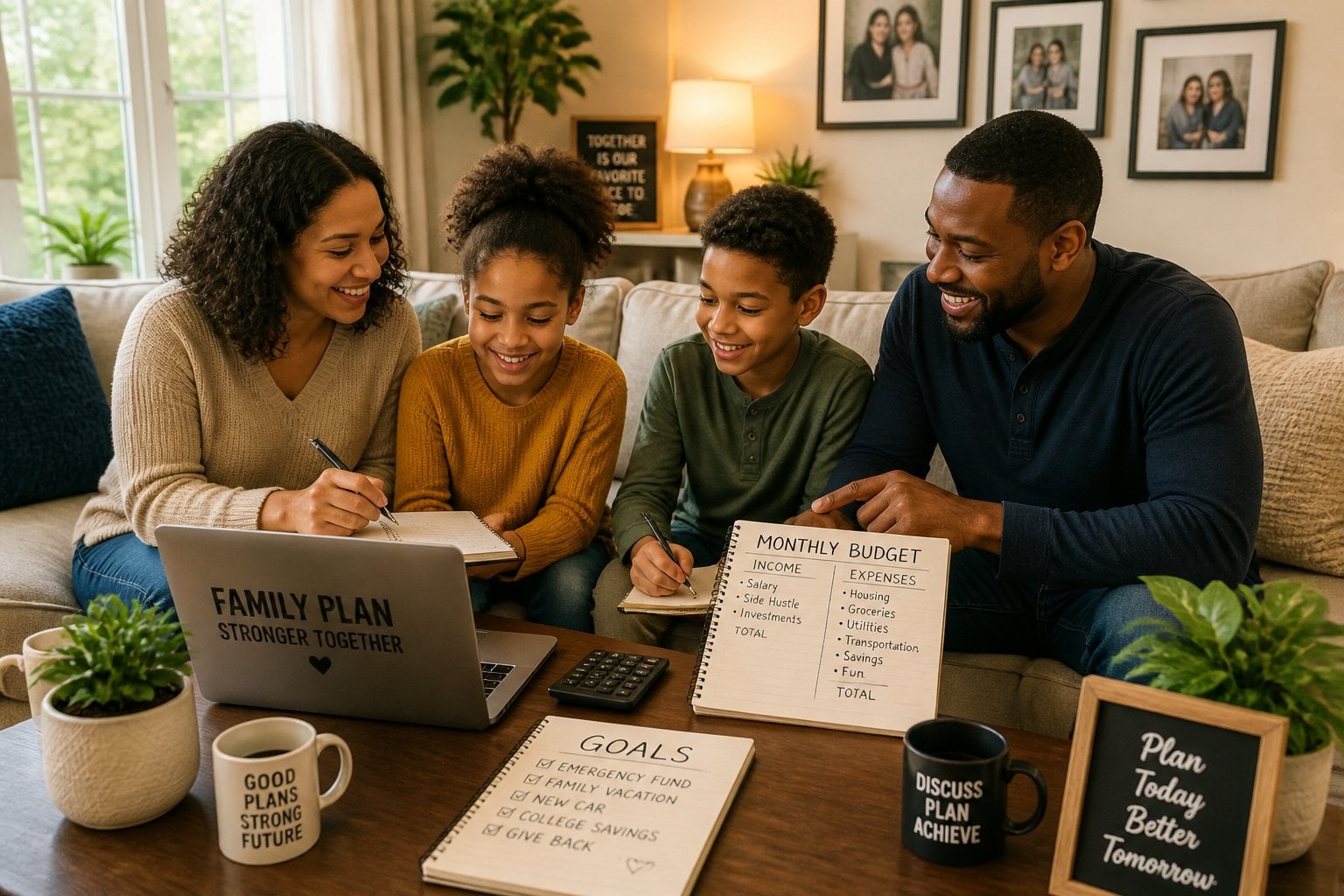 A family of four sitting together in a living room, planning and discussing their budget and goals around a coffee table.